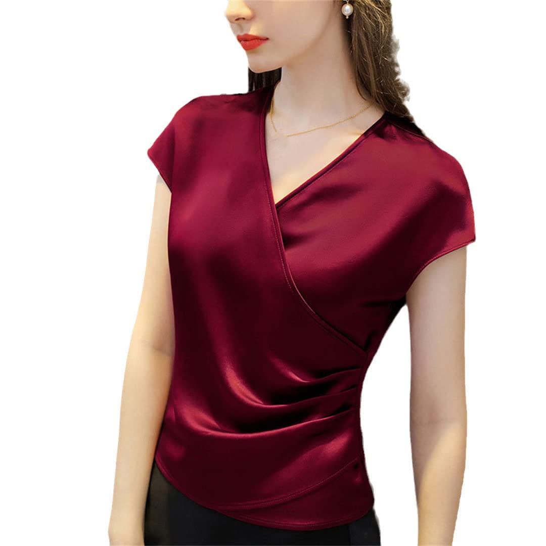 Women's V-Neck Short Sleeve Silk T-Shirt - Summer Satin Chiffon Blouse for Work & Office | Casual & Professional Wear