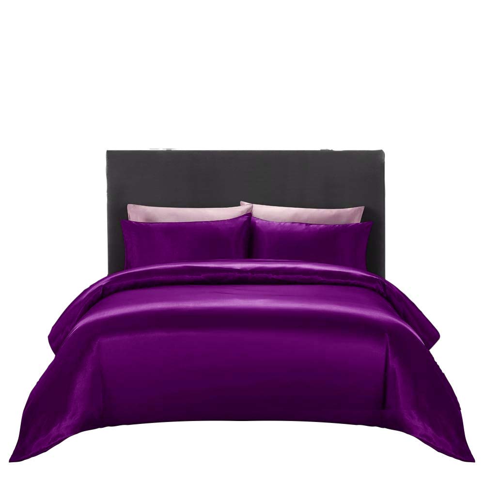 Premium Full Size Satin Duvet Cover Set with Zipper - 4 Piece Bedding Set (Duvet Cover + Fitted Sheet + 2 Pillowcases) - Soft Eggplant Purple for Hair & Skin Care - Perfect for Master Bedroom, Guest Room & Dorm Decor