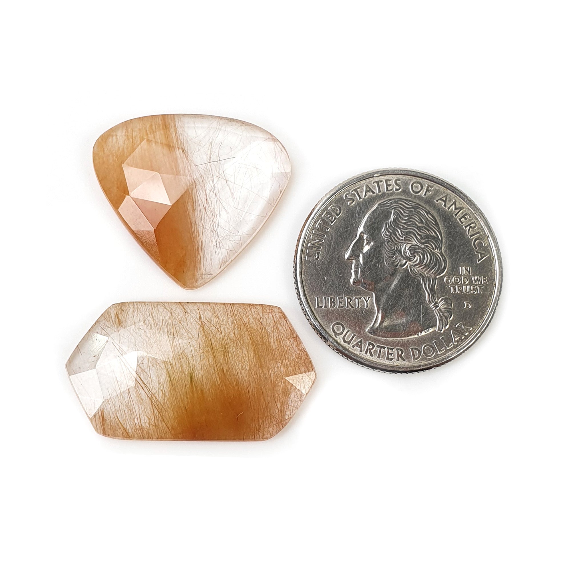 Natural Brown Rutile Quartz Gemstone Rose Cut - 27.00ct Untreated Hexagon & Triangle (28x15mm & 23x21mm) 2pc Set with Video | Healing Crystal, Jewelry Making, Meditation Stone