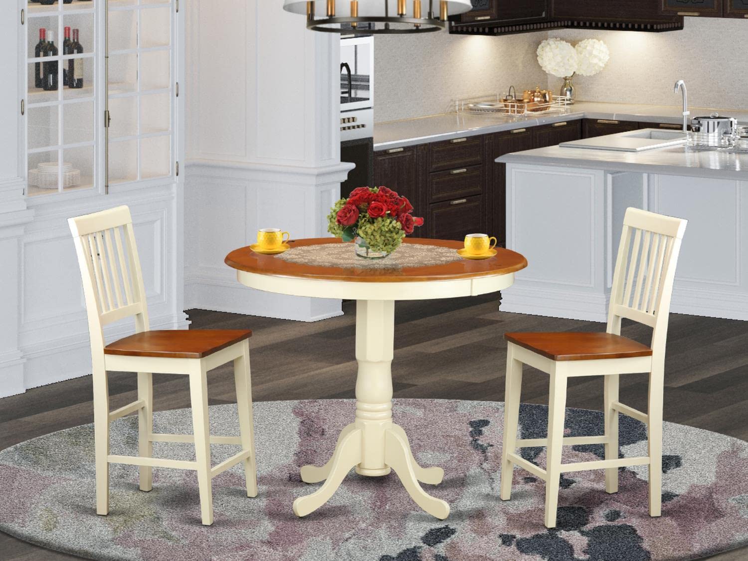 East West Furniture 3-Piece Counter Height Dining Set for Small Spaces - 36x36 Inch Round Table with Pedestal & 2 Wooden Chairs in Buttermilk & Cherry | Perfect for Breakfast Nooks, Kitchen Islands & Compact Dining Areas