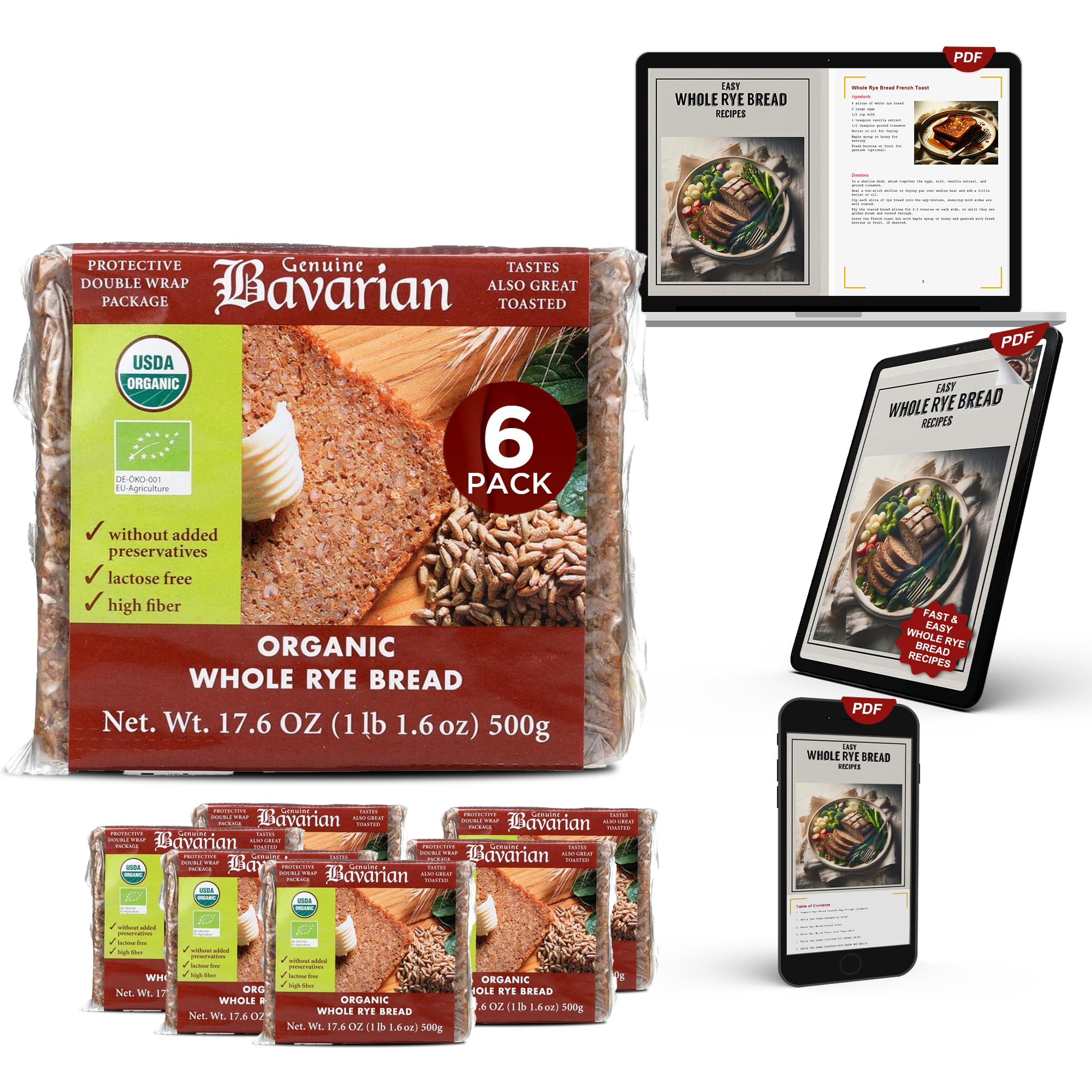 Bavarian Whole Rye Bread - 6 Pack (17.6 Oz) | Traditional German Dark Rye Bread | Kosher & Lactose-Free | Perfect for Sandwiches, Toast & Healthy Snacks | Includes Easy Rye Bread Recipes | Family Size 6-Count Pack