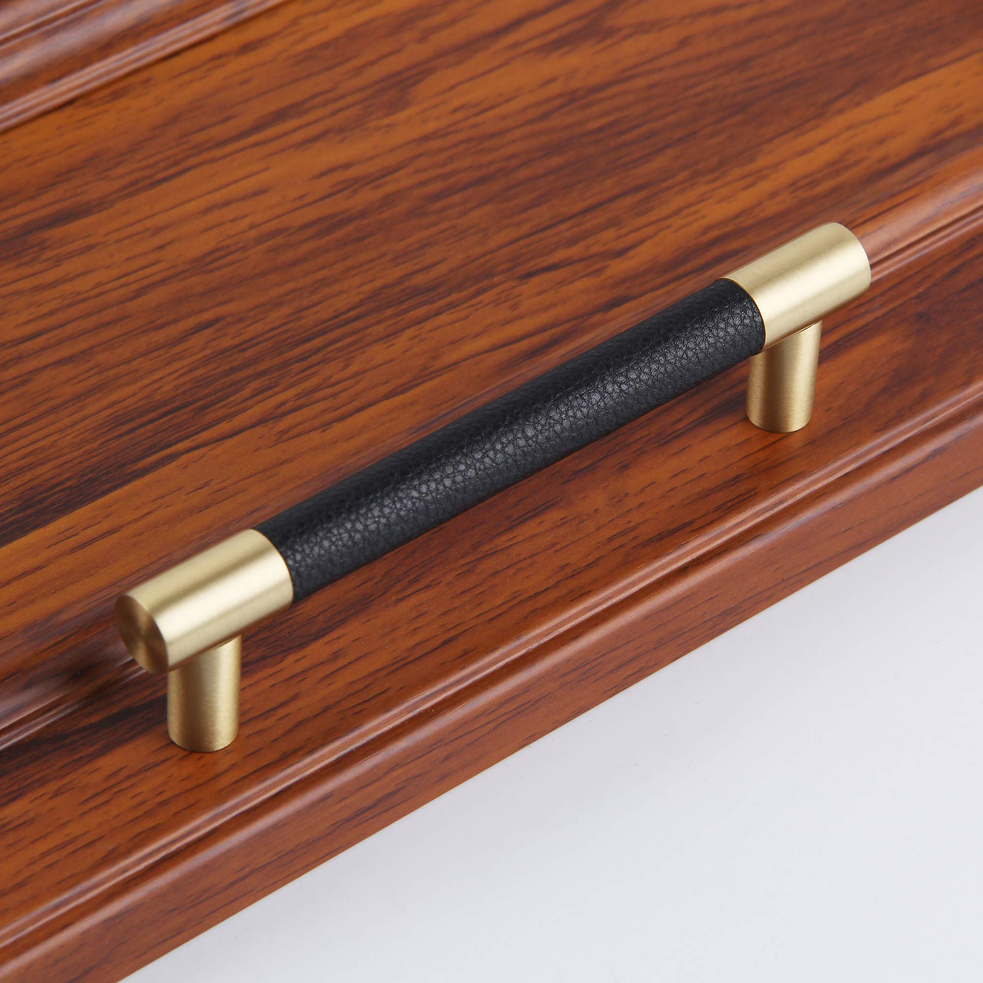 Brushed Satin Gold/Brass Cabinet Handles with Black Leather - 10 Pack (4