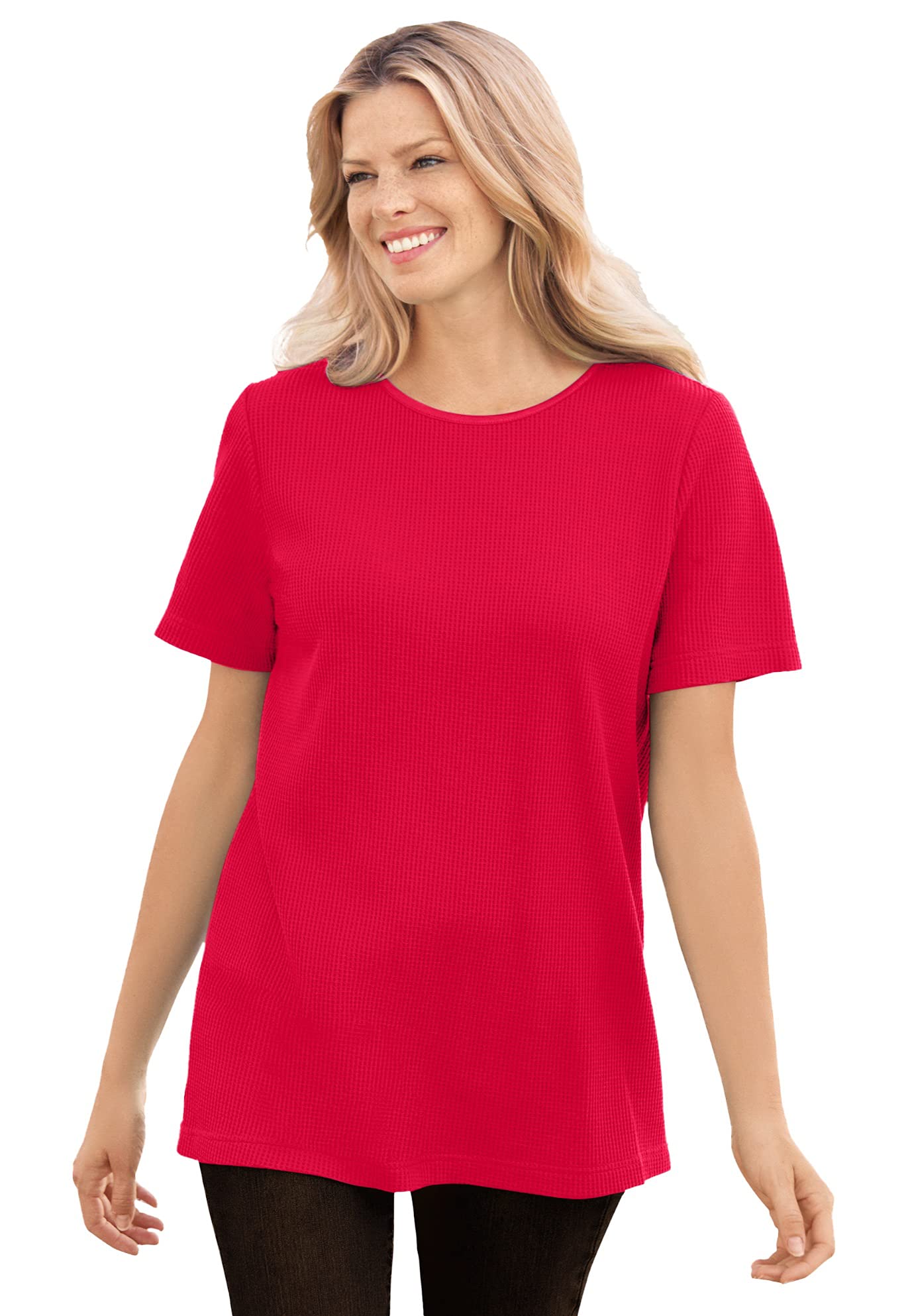 Plus Size Thermal Waffle Short-Sleeve Tee Shirt for Women - Satin Trim Comfort Top - Perfect for Layering in Winter & Casual Everyday Wear