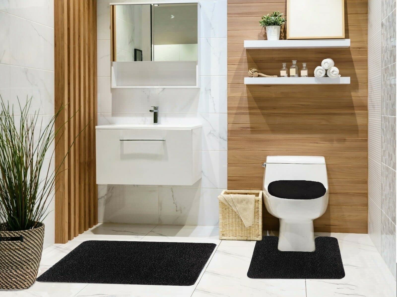 Kashi Maxine 3-Piece Shaggy Bathroom Rug Set - Non-Slip Rubber Back, Super Absorbent, Includes Bath Mat, Contour Rug & Toilet Lid Cover - Soft Floor Mats for Bathroom, Bedroom & Laundry Room - Black