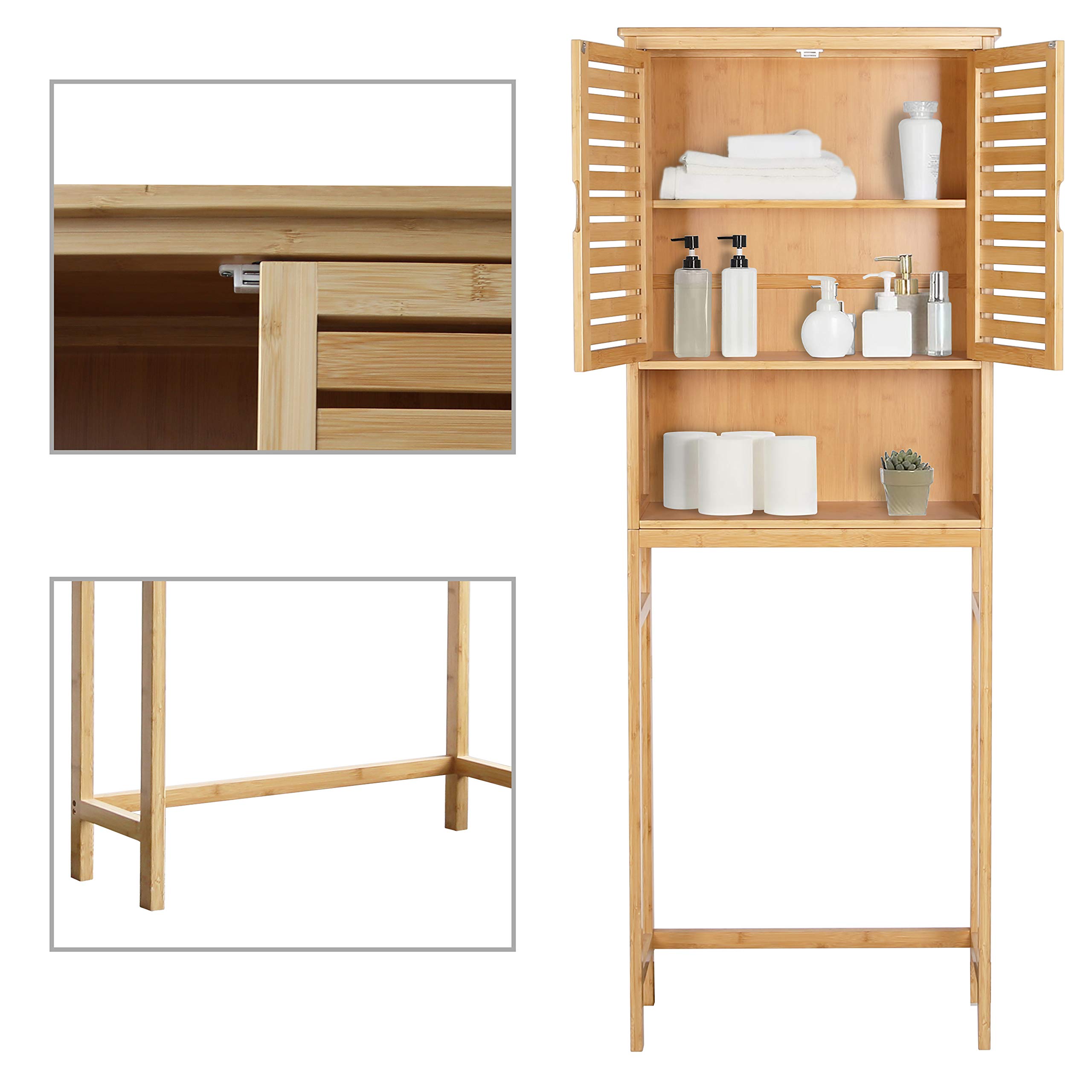 Bamboo Over The Toilet Storage Cabinet - Freestanding Bathroom Organizer with Doors, Towel Rack & Shelves | Space-Saving Bathroom Storage Solution for Small Spaces, Towel Organization & Toiletries Storage