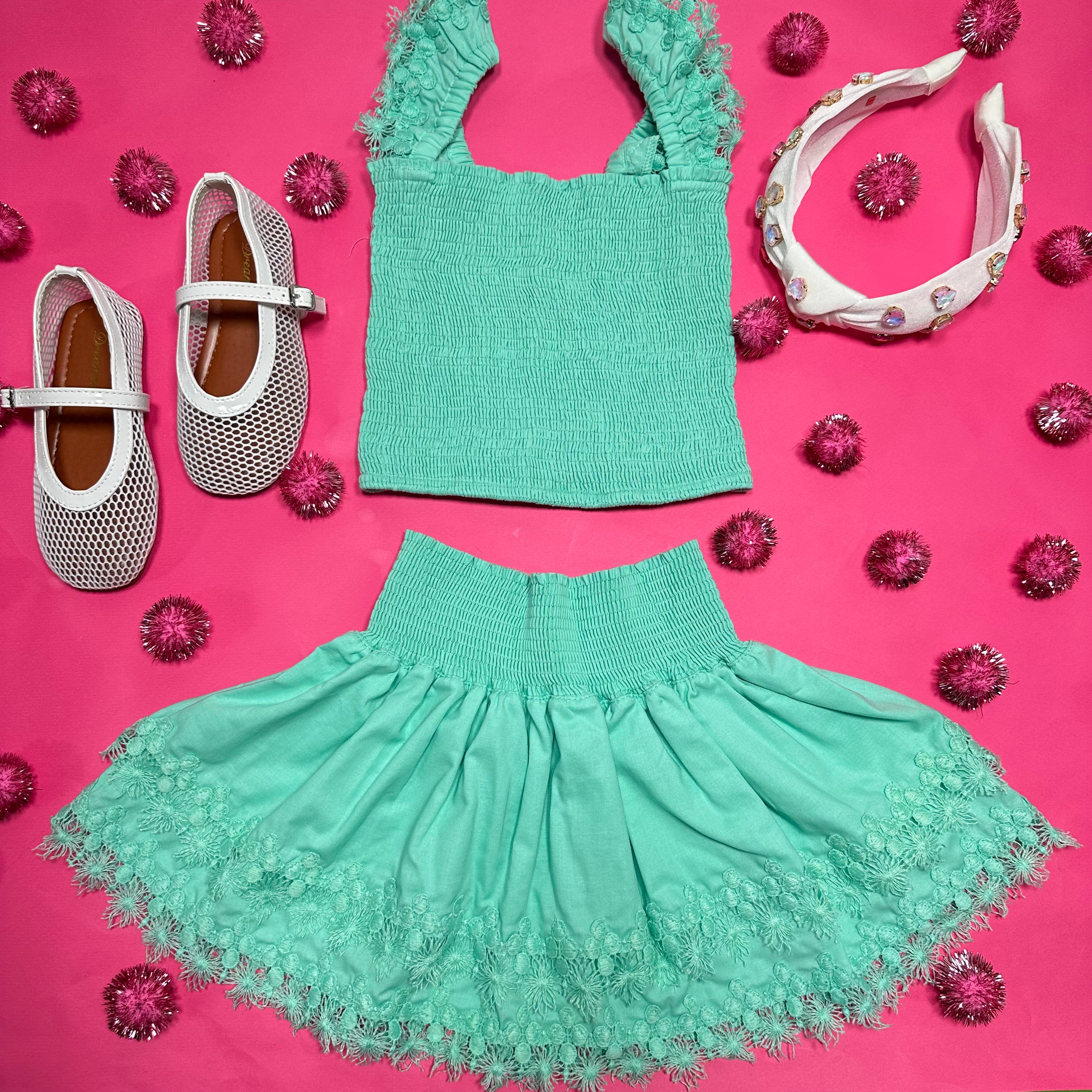Mariel Mint Crush Smocked Top and Ruffle Skirt Set - Women's Floral Summer Outfit for Beach Vacation & Casual Date Night