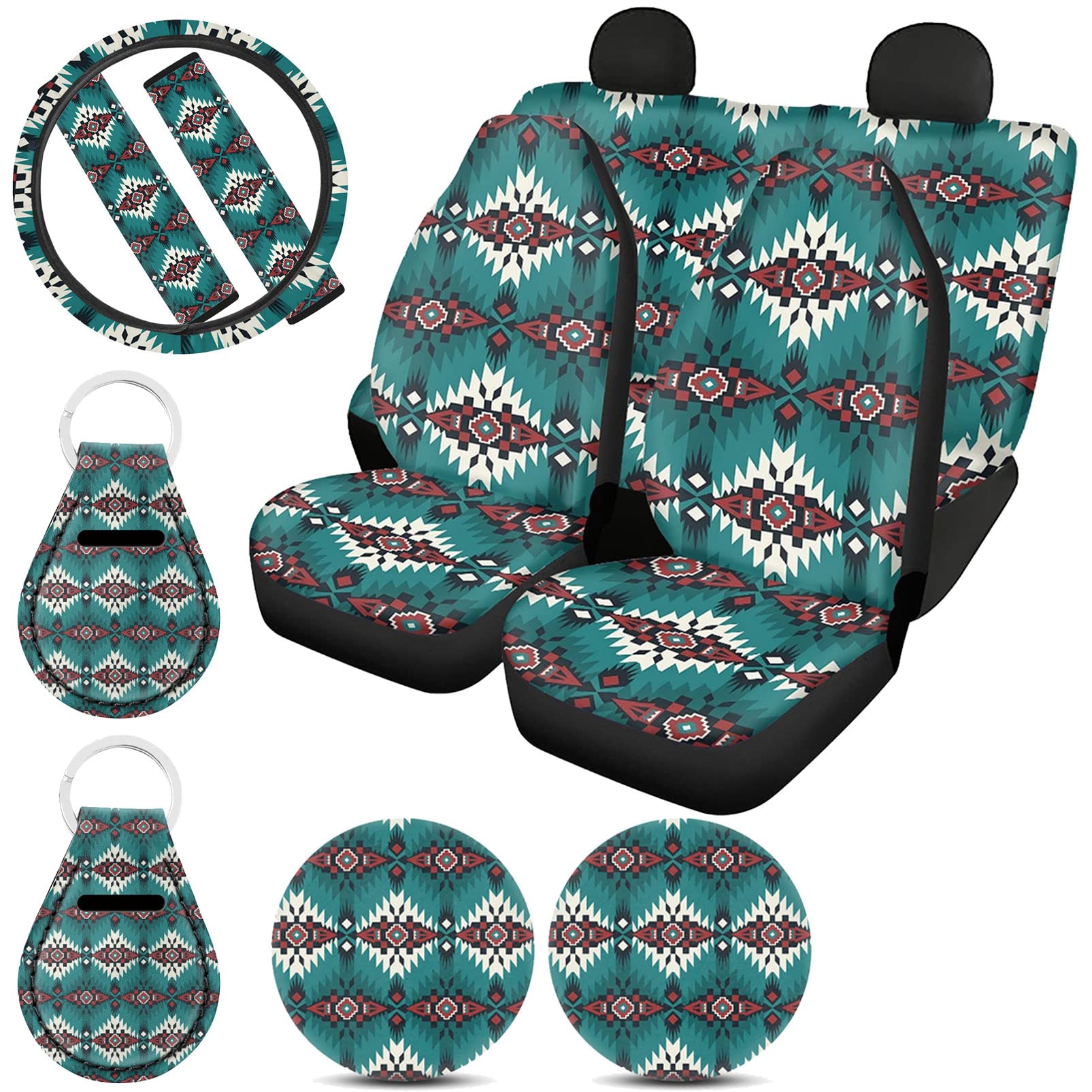 Aztec Car Seat Covers for Women & Men - Tribal Indian American Geometric Front & Rear Bench Protector with Steering Wheel Cover, Seat Belt Pads, Coaster & Keychains | Perfect for Jeep, SUV, Truck & Sedan Interior Accessories