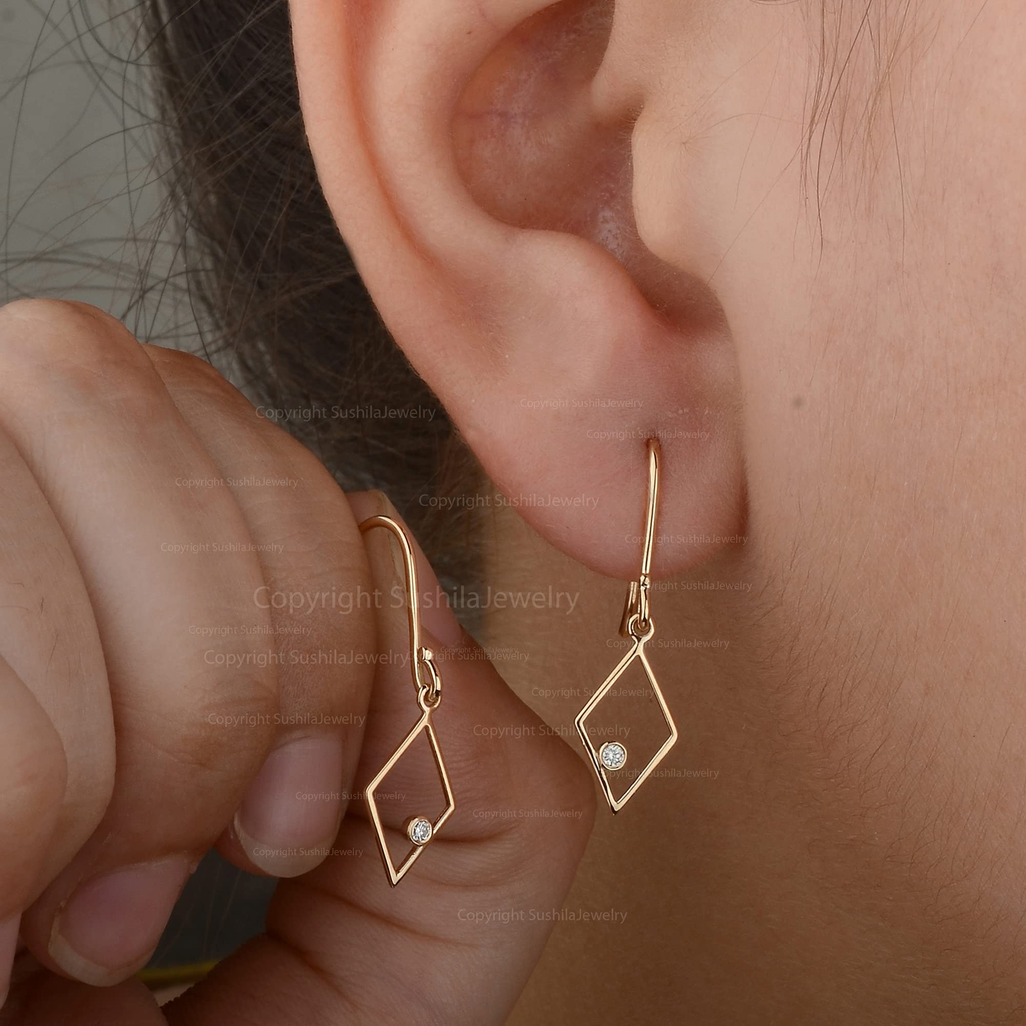 14K Yellow Gold Genuine Diamond Drop Earrings for Women - Rhombus Dangle Earrings with 14K Ear Wires - Minimalist Geometric Gold Jewelry - Perfect Birthday Gift for Her, Anniversary or Special Occasion - Elegant Everyday Wear & Evening Party Accessories