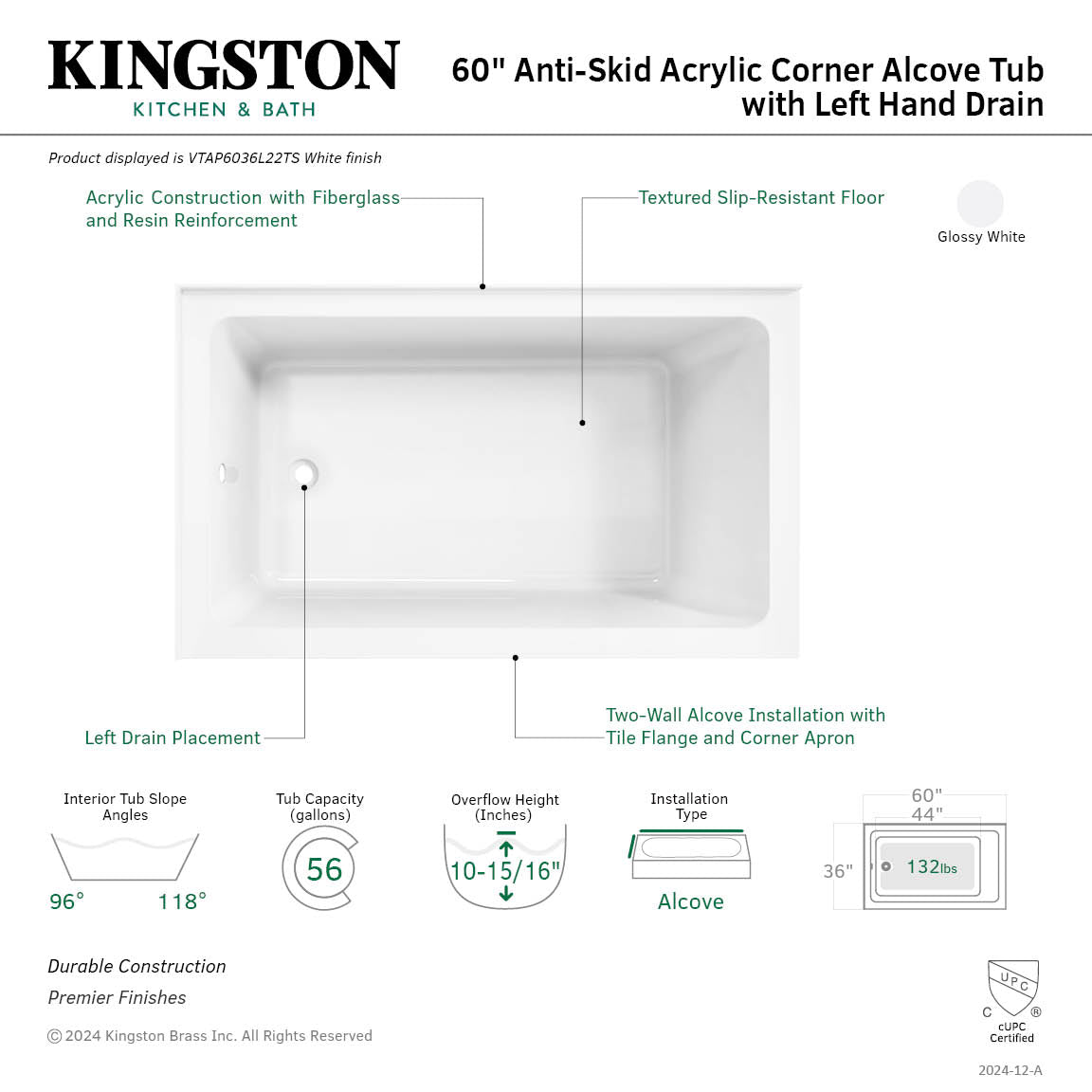 Aqua Eden VTAP6036L22TS 60-Inch Acrylic Rectangular 2-Wall Corner Alcove Bathtub - Left Hand Drain, Glossy White - Perfect for Modern Bathroom Renovations & Spa-Like Retreats
