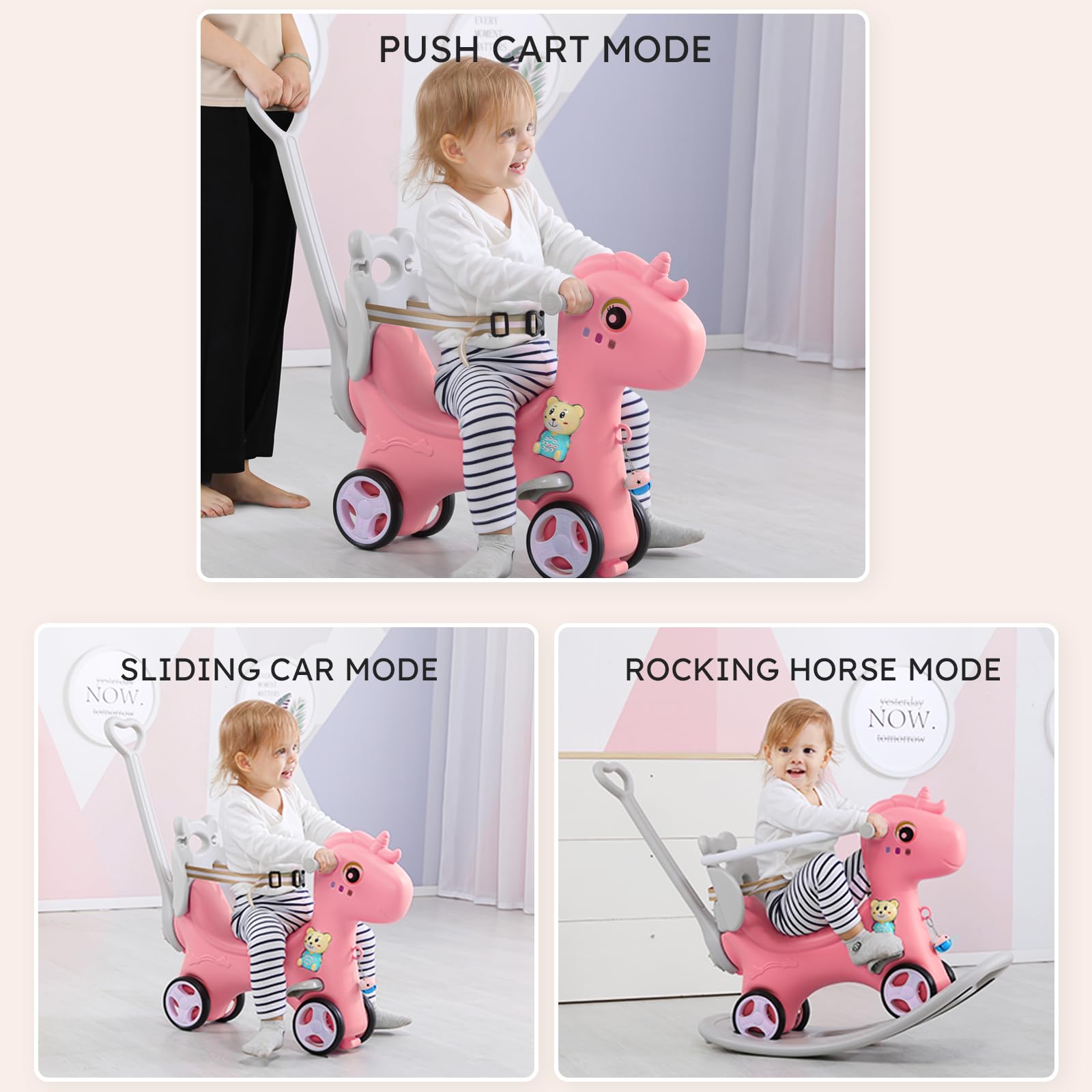 4 in 1 Rocking Horse & Balance Bike for Toddlers 1.5-3 Years Old - Push Handle Ride On Toy with Adjustable Backrest & Balance Board - Safe Baby Rocking Toy Gift for Boys & Girls (Pink) - Perfect for Indoor Play, Birthday Presents & Early Childhood Development