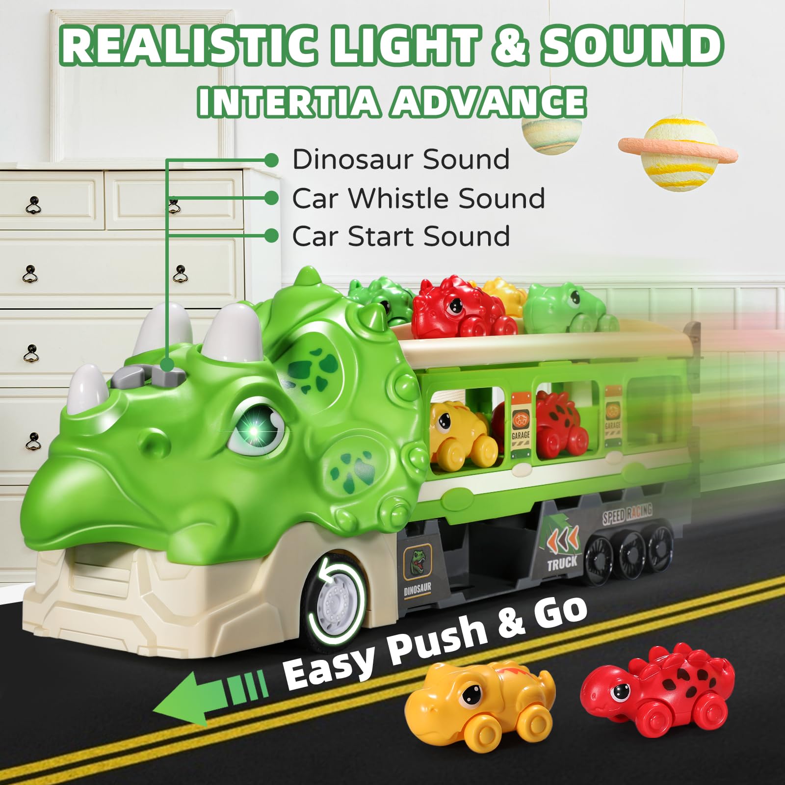 Dinosaur Toy Car Set with Foldable 117cm Track - Includes Launcher, 6 Mini Cars & 12 Road Signs - LED Lights & Sound Effects - Safe ABS Plastic & Dual-Layer Storage - STEM Learning Racing Playset for Kids Ages 3+ - Perfect for Birthday Gifts, Indoor Play & Preschool Educational Activities