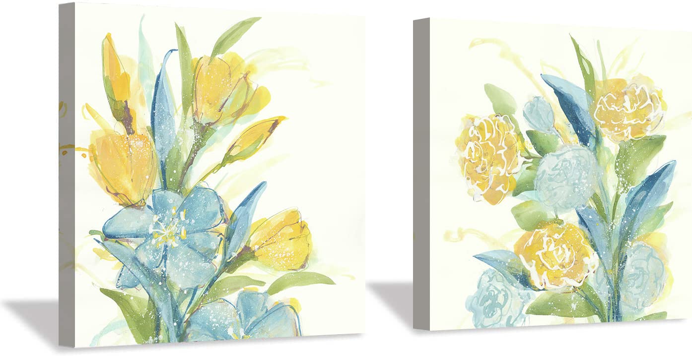Light Blue and Yellow Floral Wall Art - Modern Aqua Yellow Flower Painting Print for Bathroom, Kitchen, Bedroom Decor - Set of 2 (12x12 Inches) - Perfect for Home, Office & Gift Giving