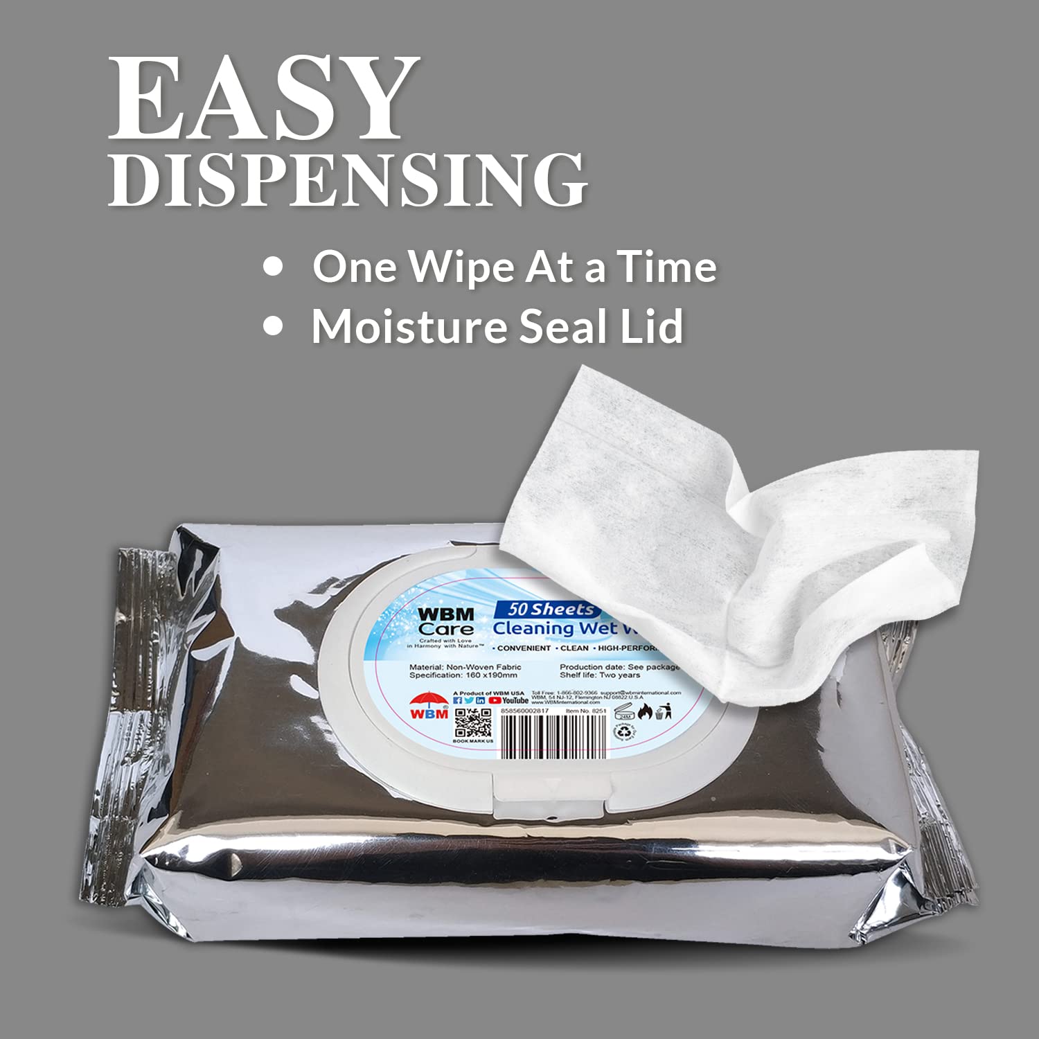 WBM Care Thick & Strong Unscented Wet Wipes - 50 Sheets per Pack (6 Packs) | Multi-Surface Cleaning Wipes with Flip-Top Dispenser | Ideal for Home, Office, Baby Care & Travel Use
