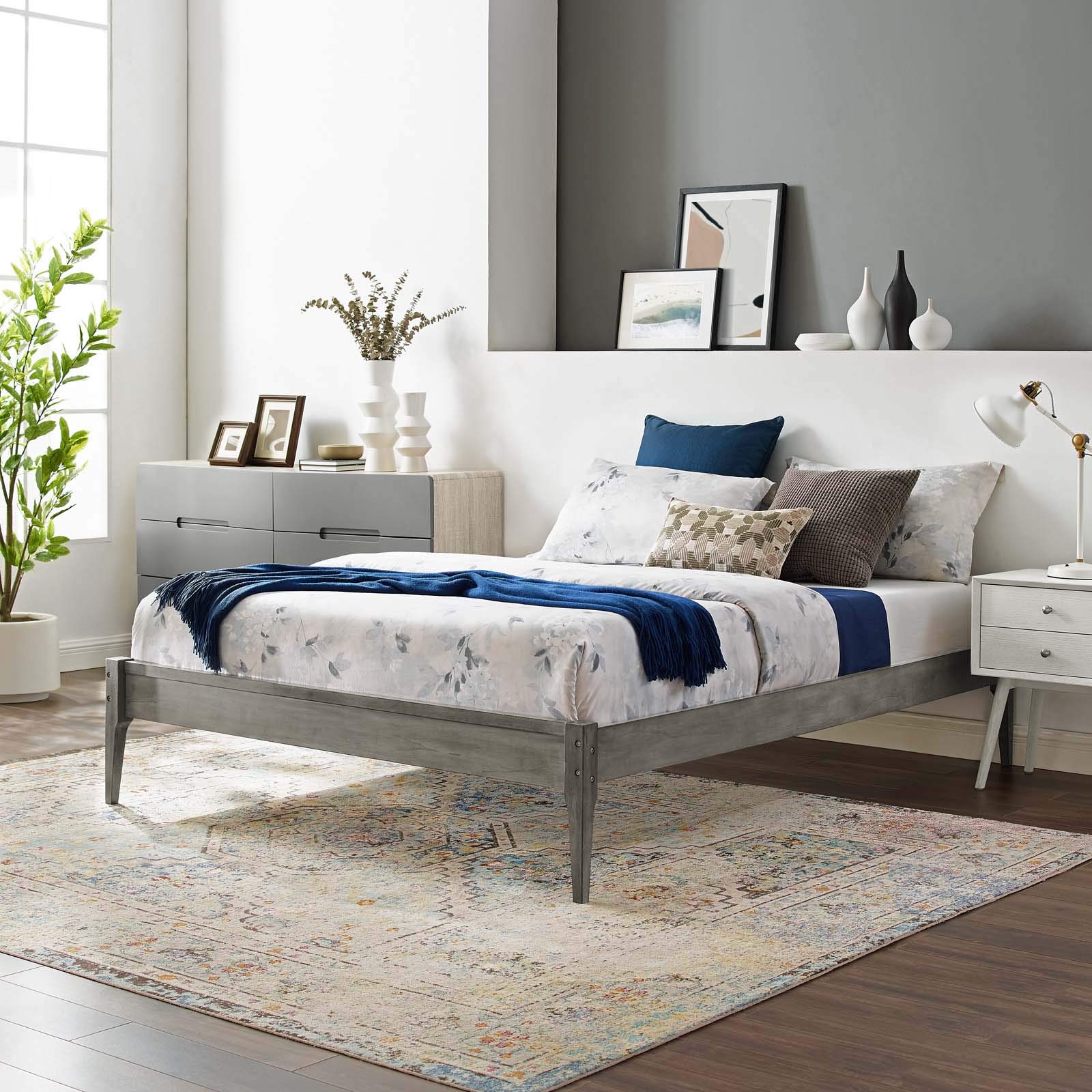 Modway June Full Wood Platform Bed Frame with Headboard - Queen Size, Gray - Sturdy & Modern Bed Frame for Master Bedroom or Guest Room
