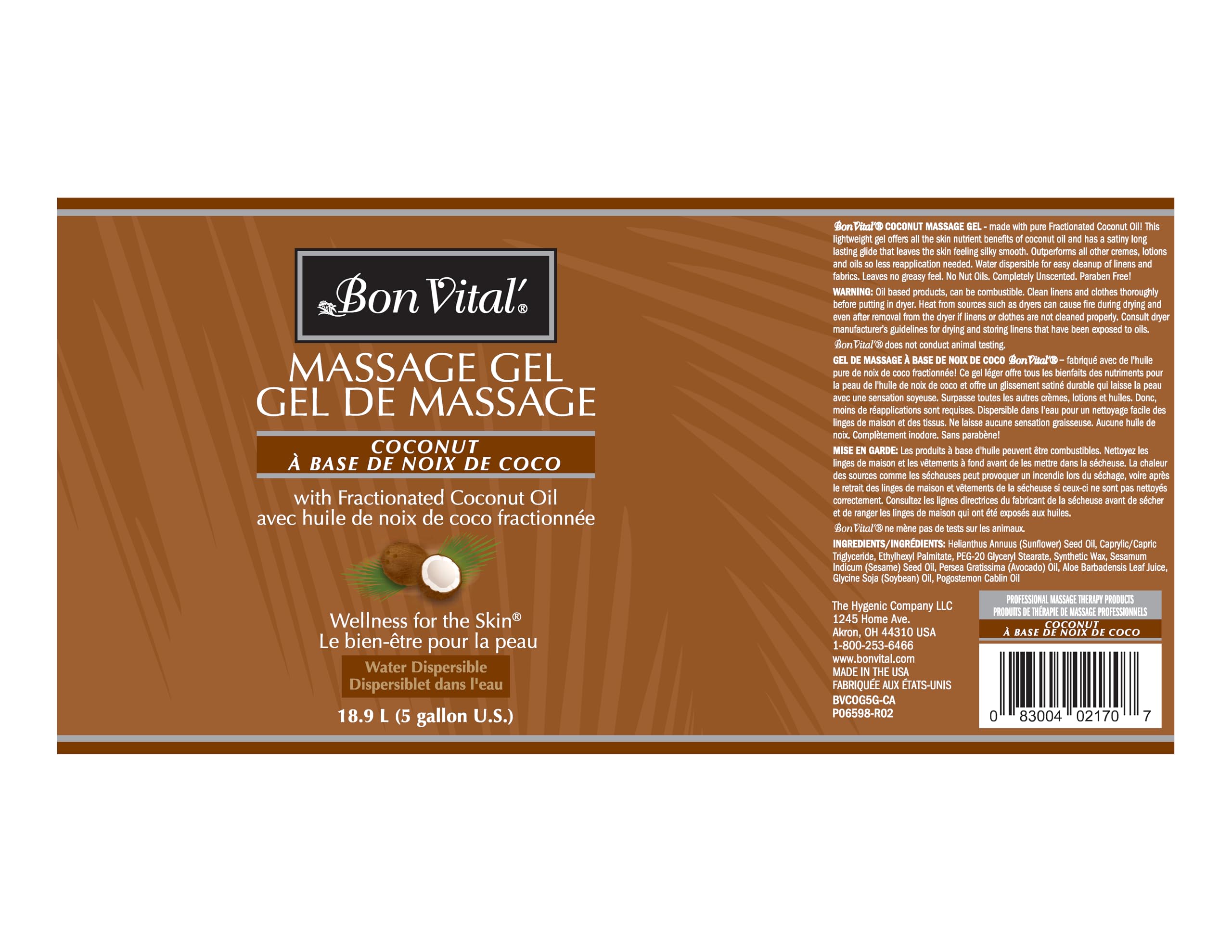 Bon Vital' 100% Pure Fractionated Coconut Oil Massage Gel – Hydrating & Non-Pore Clogging for Back, Neck & Body Massage – 5 Gallon Bulk Size (Label May Vary) – Perfect for Professional Spa, Home Relaxation & Couples Massage Therapy