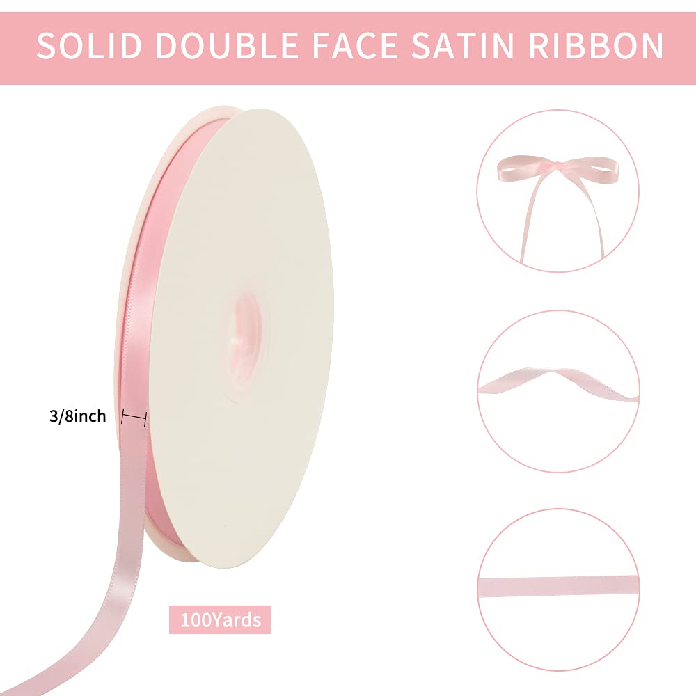 TONIFUL 3/8 Inch x 100 Yards Light Pink Satin Ribbon Roll - Thin Solid Fabric Ribbon for Gift Wrapping, Wedding Decorations, Floral Arrangements, Hair Bows, Balloons & Craft Projects - Perfect for Valentine's Day, Party Invitations & Bouquet Decor