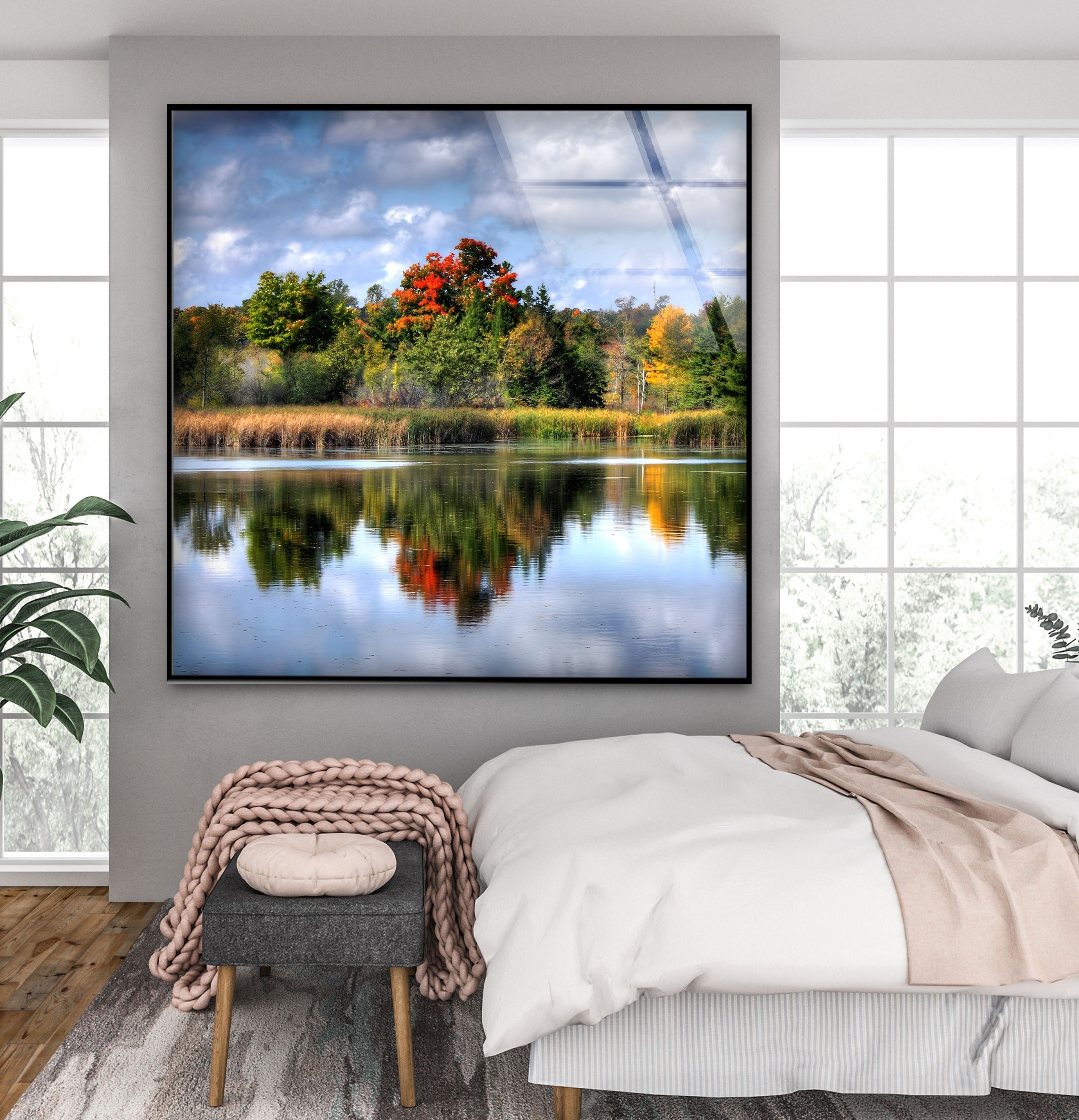 Autumn Reflections Scenic Forest Lake Glass Wall Art - Stunning Nature Decor for Living Room, Bedroom & Office