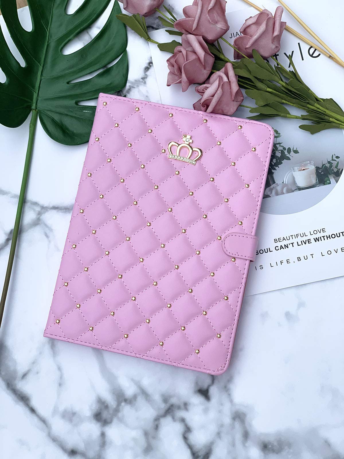 Topwin Bling Diamond PU Leather iPad Pro 12.9 Case (6th/5th Gen) - Cute Crown Design, Auto Sleep/Wake, Kickstand & Shockproof Cover - Perfect for Work, School & Travel (White)