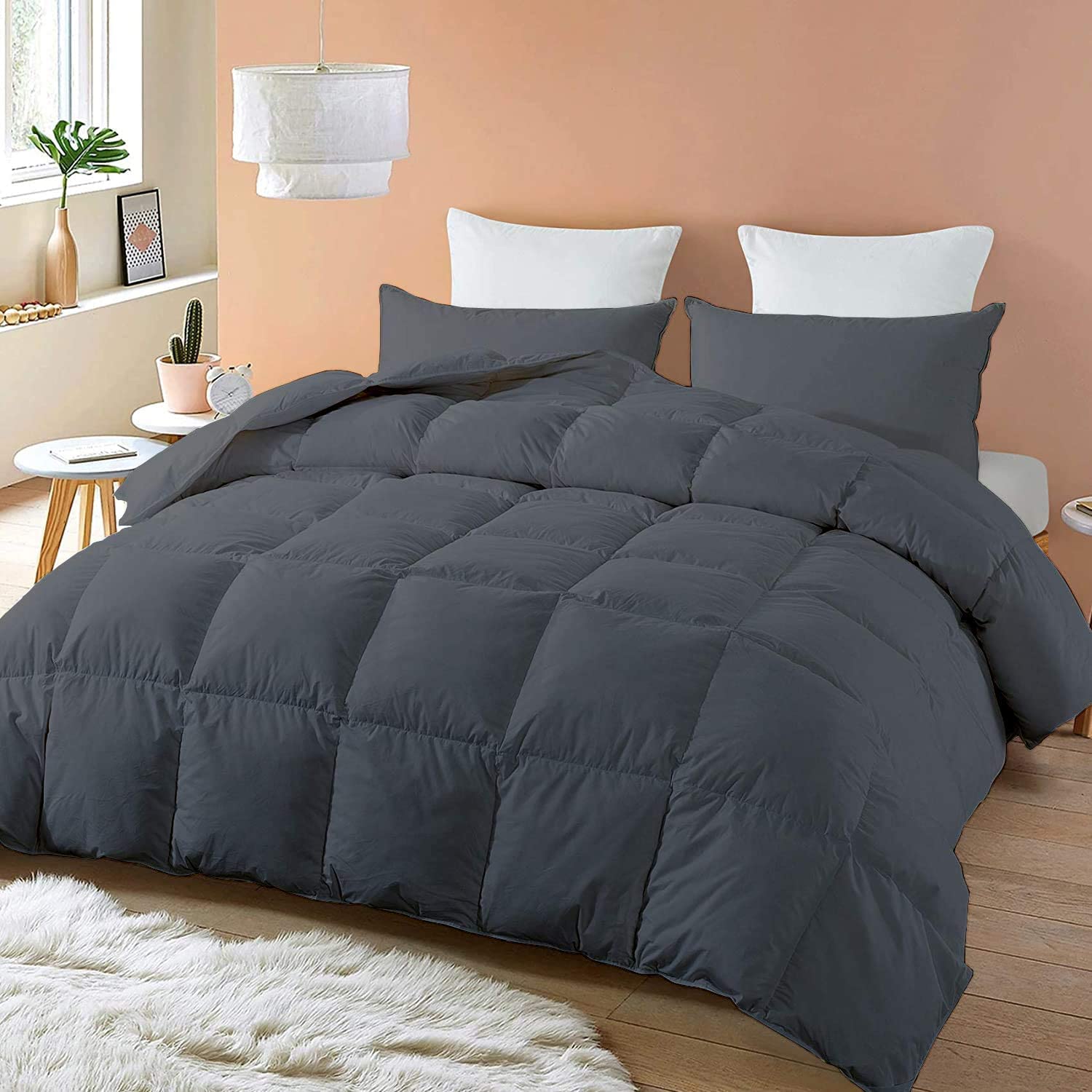 Luxury Queen Size Hotel Quality Ultra Soft Organic Cotton All-Season Quilted Comforter with Corner Tabs - Box Stitched Down Alternative 400 GSM 800 Thread Count - Dark Grey - Perfect for Bedroom, Guest Room & Cozy Nights