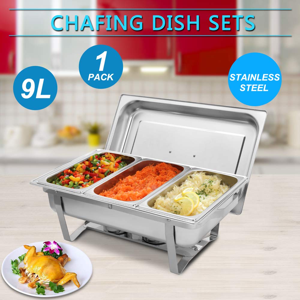 8 Quart Stainless Steel Chafing Dish with 3 Food Pans - 9L Rectangular Buffet Warmer for Catering, Restaurants & Parties - Foldable Frame for Easy Storage - Perfect for Buffets, Weddings & Events