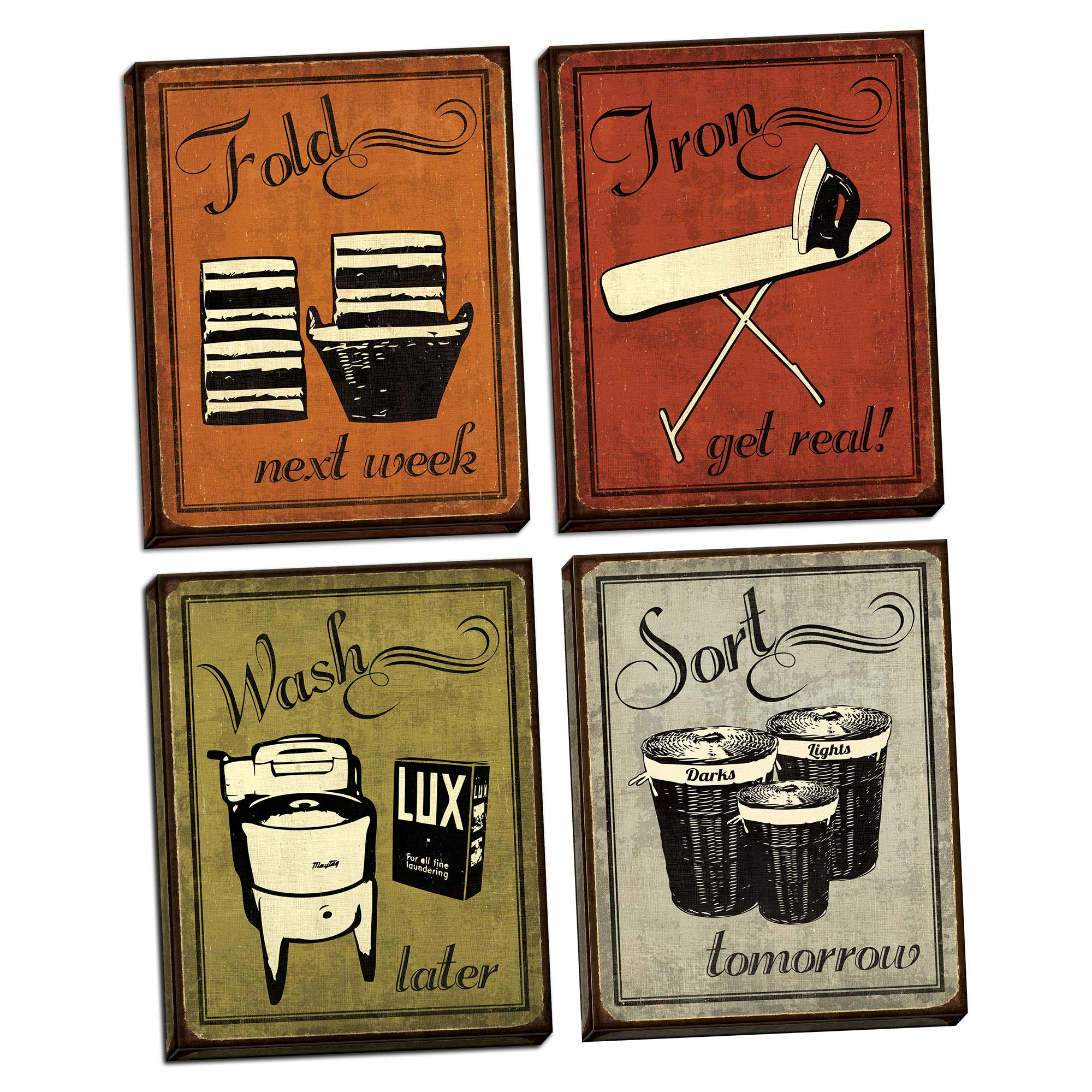 Gango Home Décor Vintage Laundry Set - Wash, Fold, Iron & Sort Signs - 4 Hand-Stretched 8x10 Canvas Wall Art for Laundry Room Decor - Perfect for Farmhouse, Cottage & Vintage Style Homes
