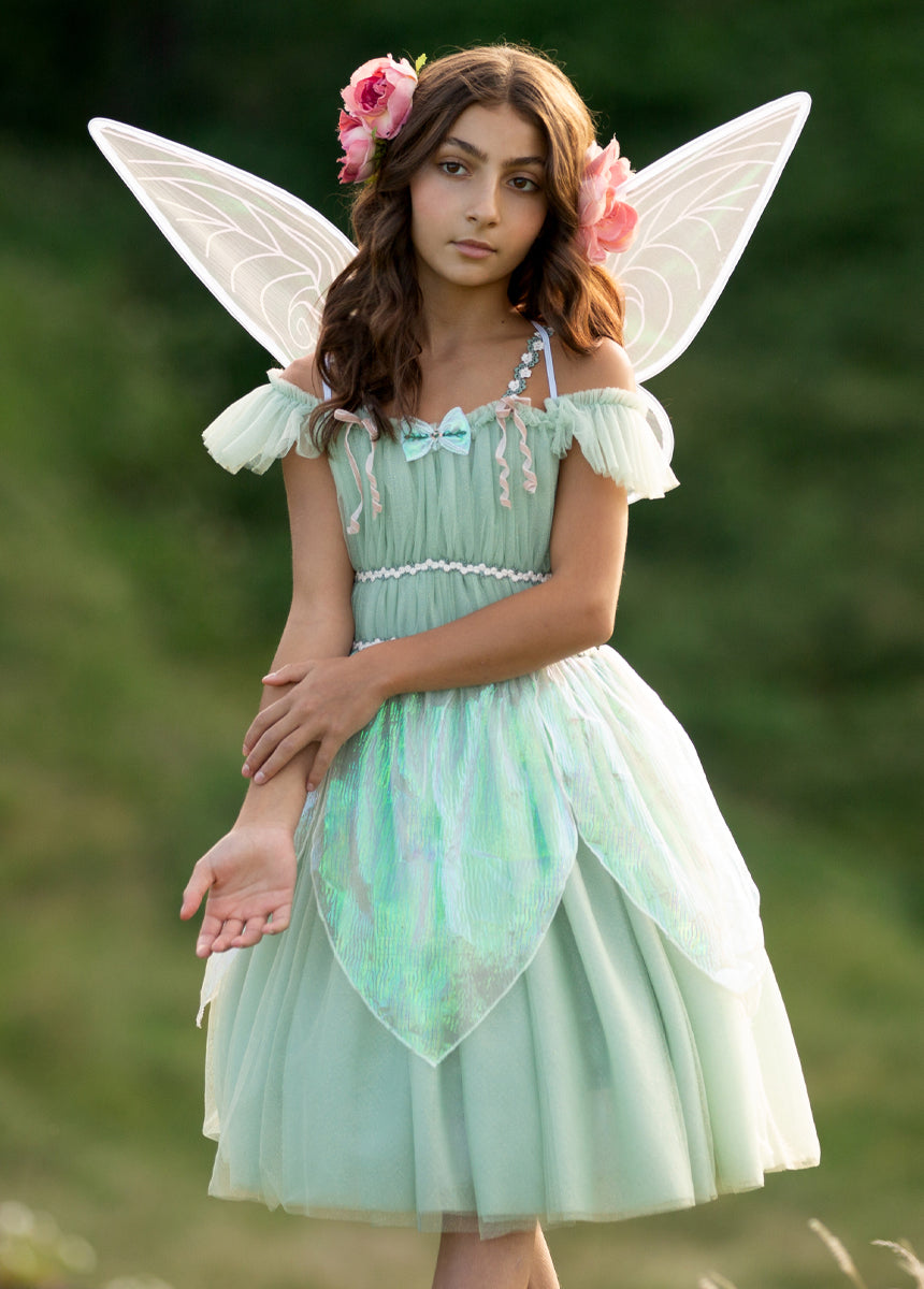 Fairy Costume Set for Kids - Seamist Green Dress with Wings & Wand - Perfect for Halloween, Cosplay & Fantasy Parties