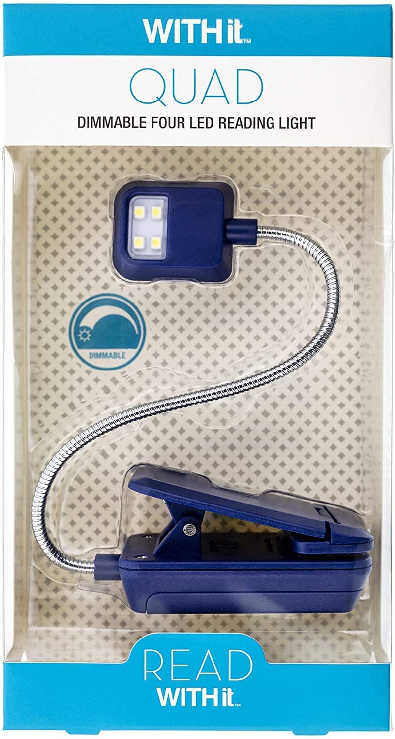 WITHit Quad Clip On Book Light - Navy Blue LED Reading Light with Adjustable Brightness, Portable & Lightweight Bookmark Light for Books, eBooks, Kindle - Perfect for Bedtime Reading, Travel, and Study (Batteries Included)
