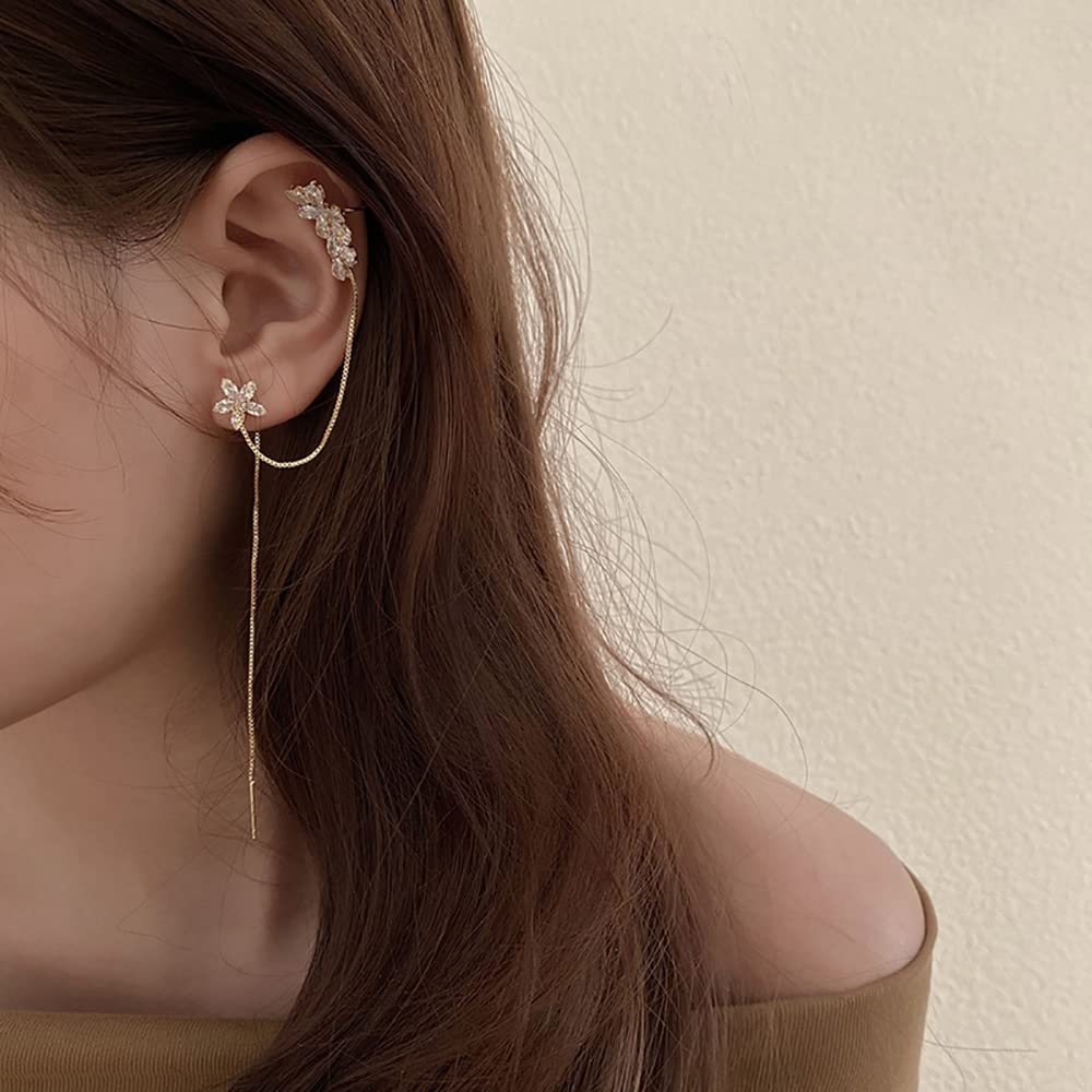 925 Silver Dangle Earrings for Women - Elegant Wrap Ear Cuffs with Long Tassel Drop & Chain Threader Design | Left Ear Hanging Earrings for Parties, Weddings & Everyday Fashion Accessories