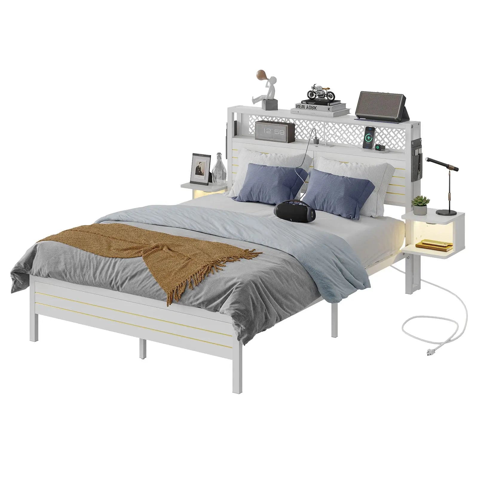 Bestier Full Bed Frame with Horizontal Golden Stripe Storage Headboard - Sturdy Metal Platform Bed with Underbed Storage Space - Perfect for Small Bedrooms, Guest Rooms & Dormitories