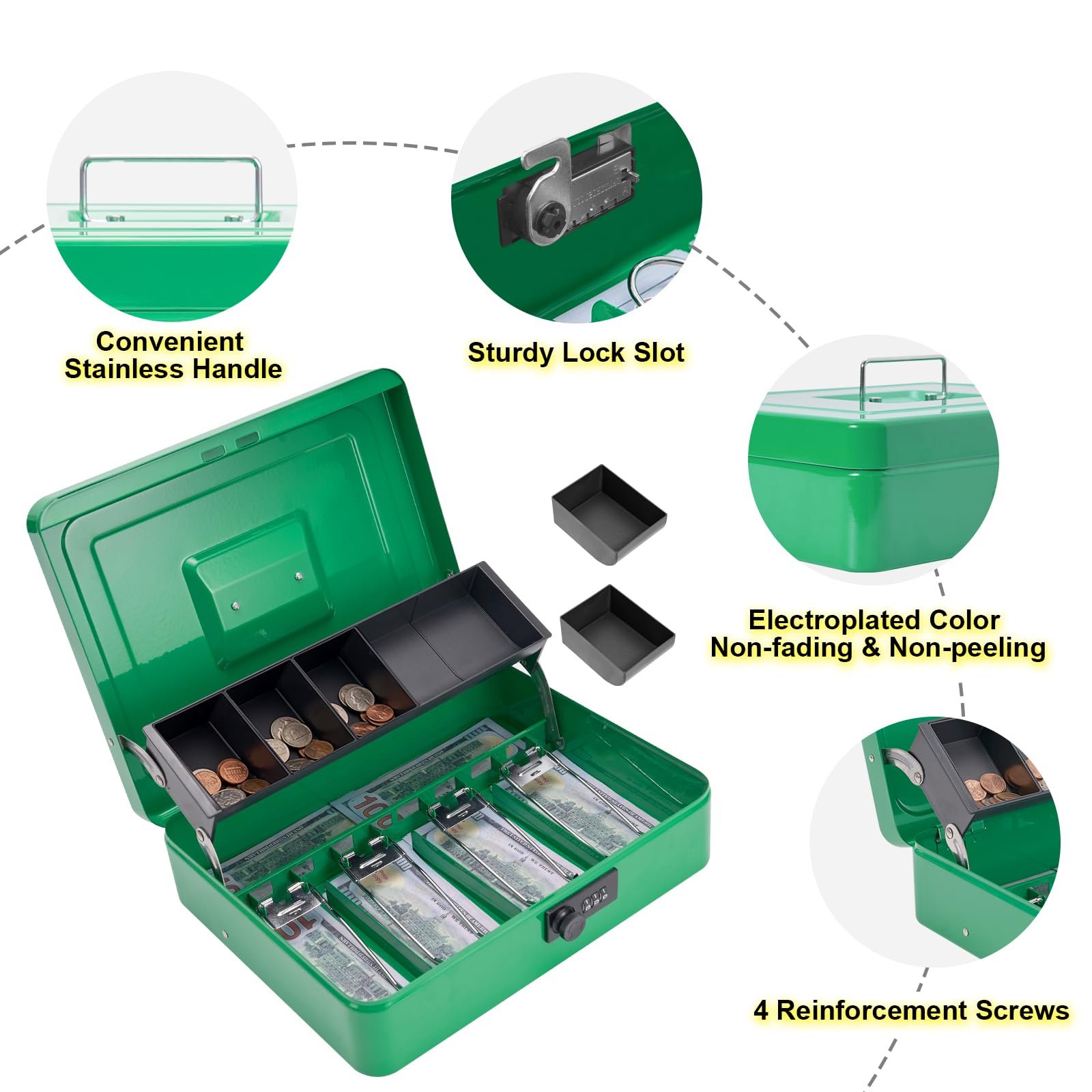 Secure Metal Cash Box with Combination Lock - Money Safe Box with Cash Tray, 4 Bill & 5 Coin Slots (11.8