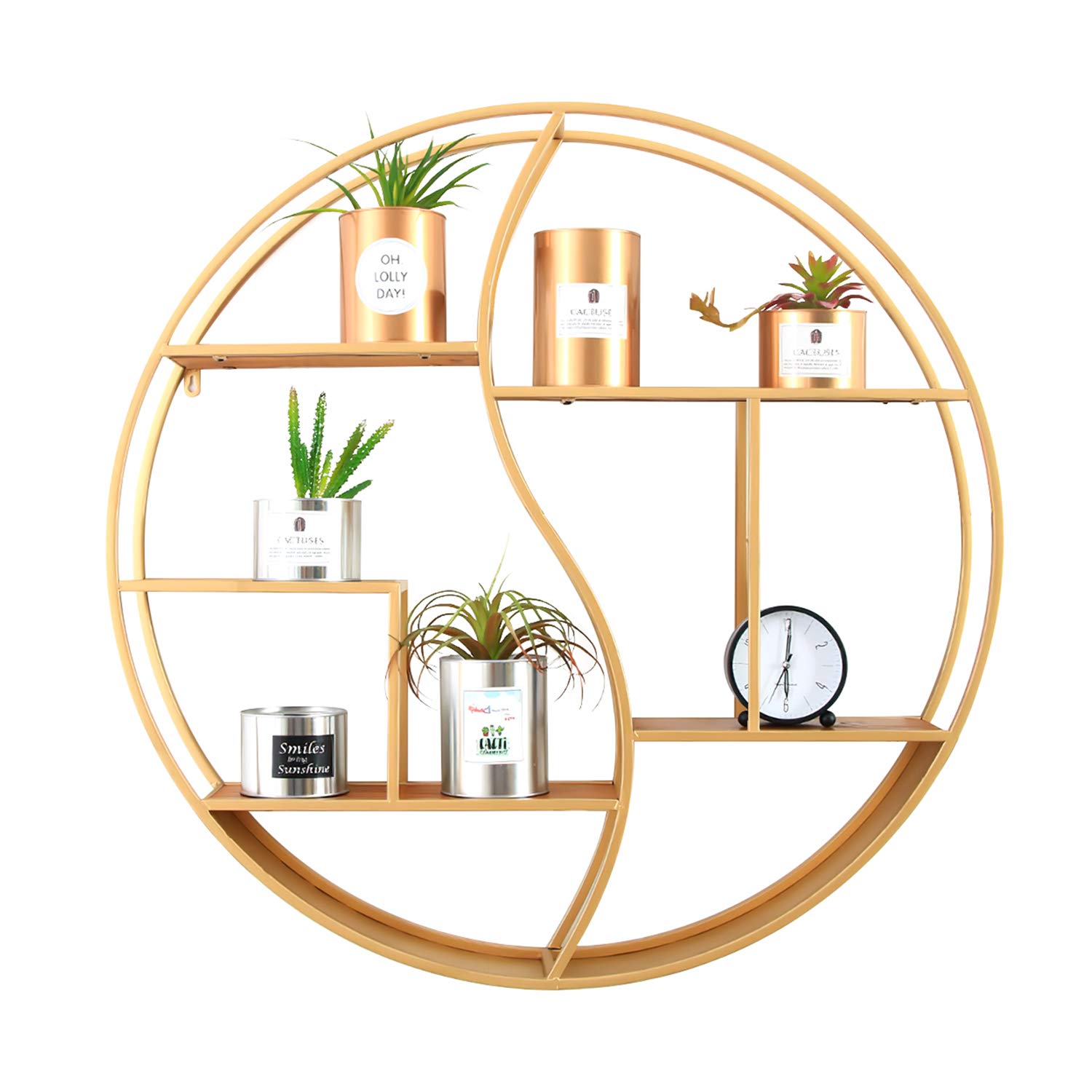 24 Inch Round Wall Shelf - Gold Metal & Wood Circular Floating Shelves for Fireplace, Living Room, Bathroom Decor | Wall Mounted Display Organizer for Home & Office Use
