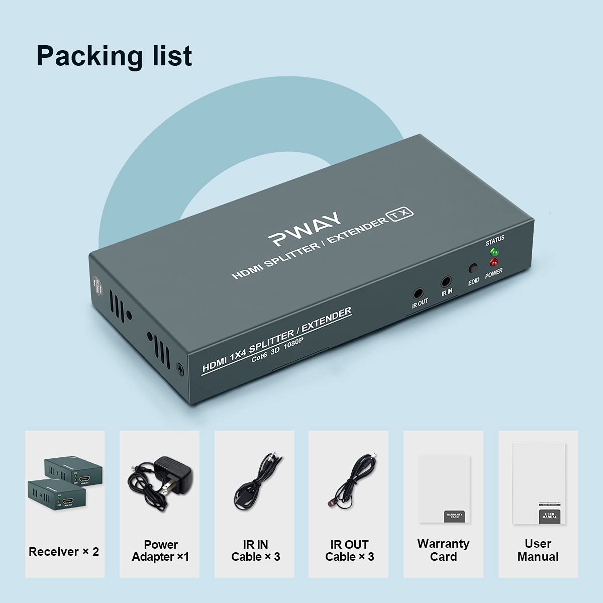 Premium HDMI Extender Splitter 1x2 1080p - 4K Compatible Over Cat5e/Cat6/Cat7 Ethernet Cable (Up to 50m/165ft) with EDID Management, Bi-Directional IR Remote & POC - Ideal for Home Theater, Gaming & Conference Room AV Setup