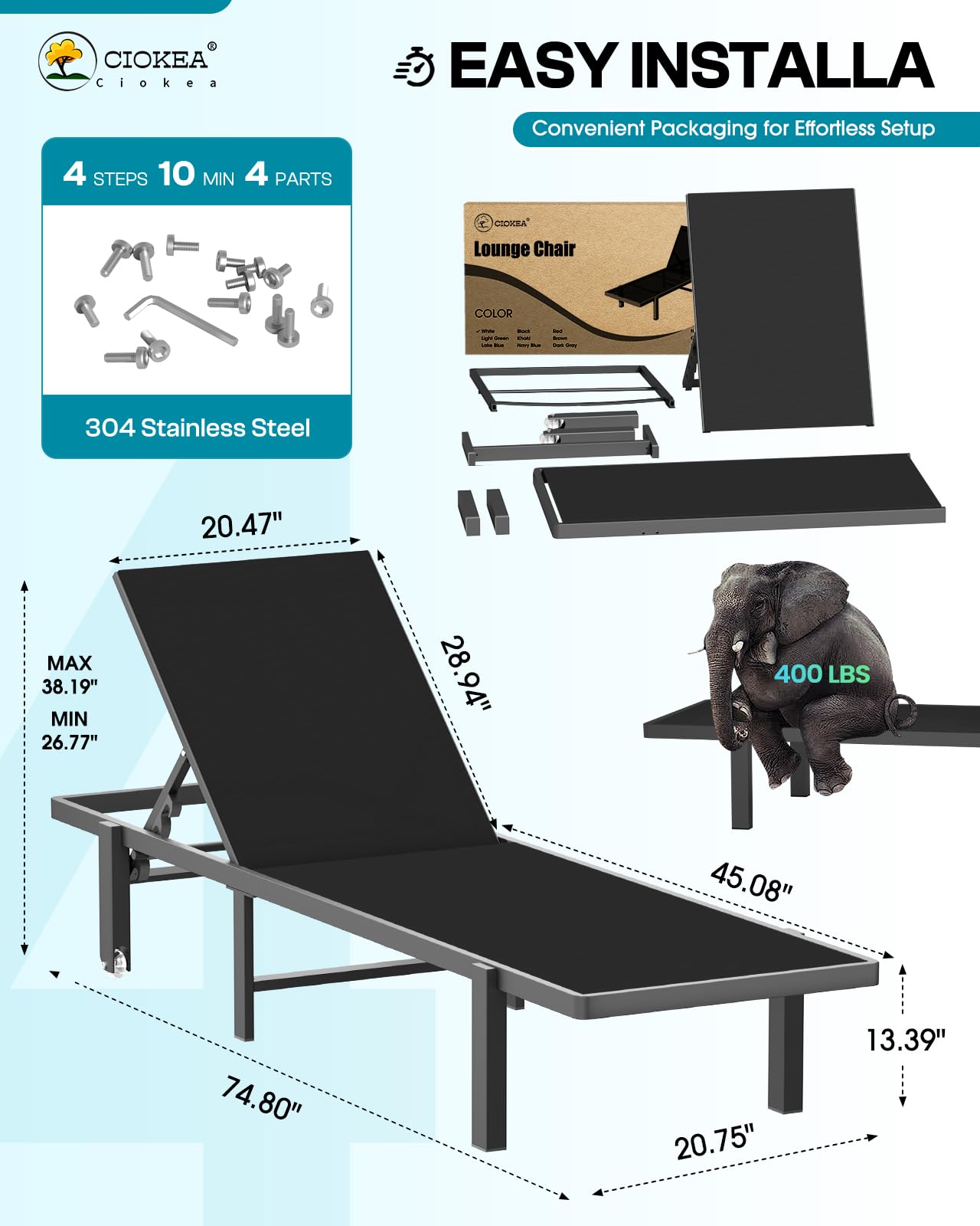 Aluminum Chaise Lounge Chair with Wheels - 5-Position Adjustable Recliner Outdoor Patio Chair for Tanning, Sunbathing - Perfect for Backyard, Poolside, Beach & Garden Relaxation
