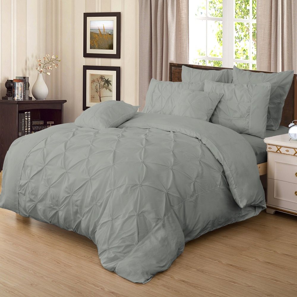 Luxury Diamond Pintuck Double Size Grey Duvet Cover Set - Soft Bedding for Master Bedroom & Guest Room - Perfect for All Seasons