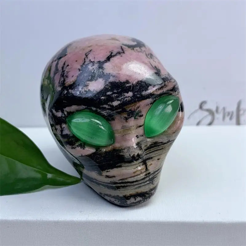 2 Inch Natural Rhodonite Alien Skull Crystal Carving - Healing Energy Stone for Meditation, Home Decor & Spiritual Gifts - Unique Handcrafted Collectible for Reiki, Chakra Balancing & Positive Energy (1PC)