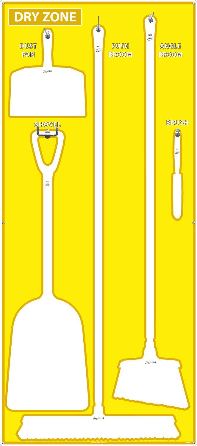 NMC SB137AL 5S Dry Zone Janitorial Shadow Board - 68x30 Inch Yellow & White Aluminum Tool Organizer for Warehouse & Factory (Tools Not Included)