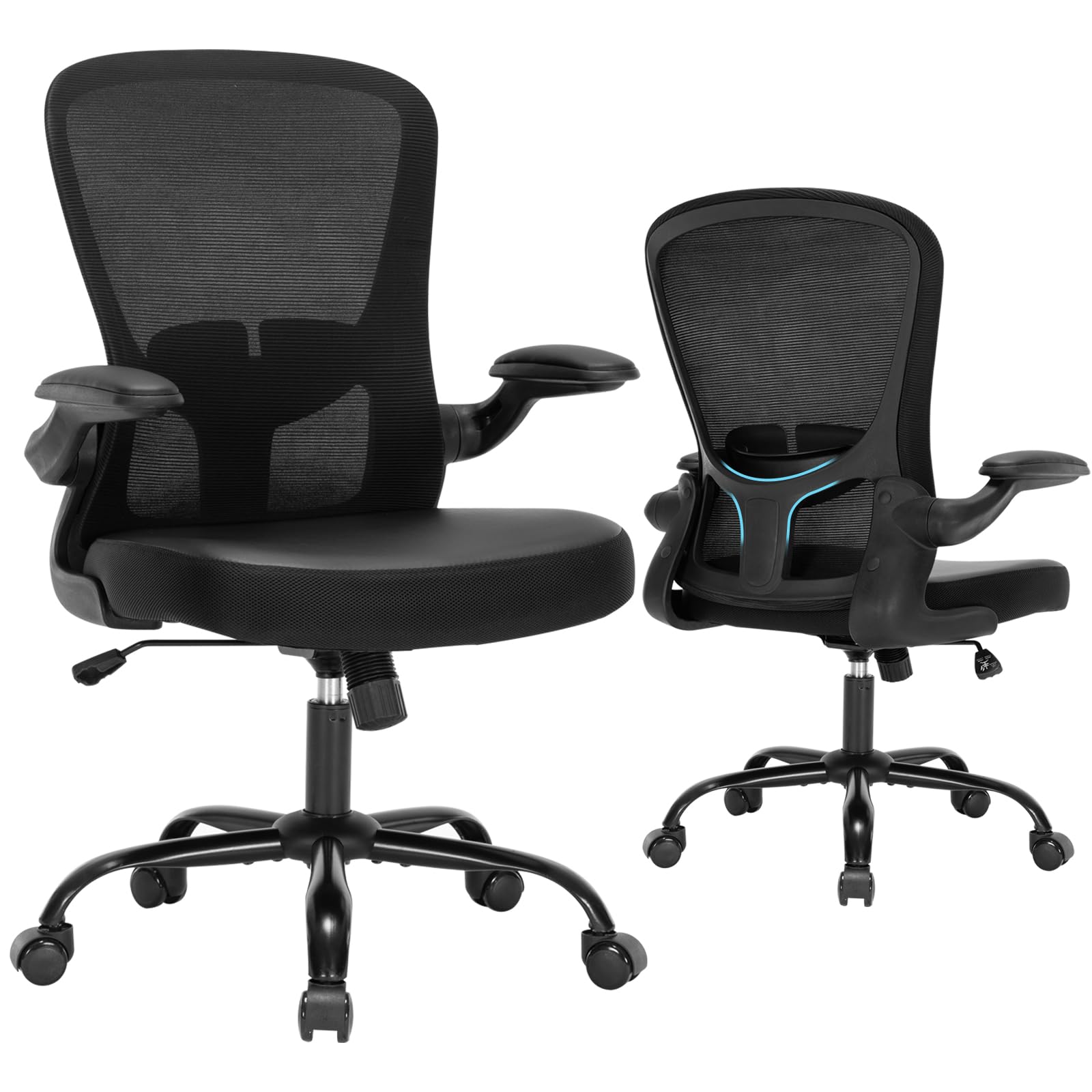 Ergonomic Office Chair with Flip-Up Armrests & Lumbar Support - PU Leather Executive Desk Chair, Mesh Back Swivel Task Chair for Home Office - Black (Perfect for Long Work Hours & Gaming)