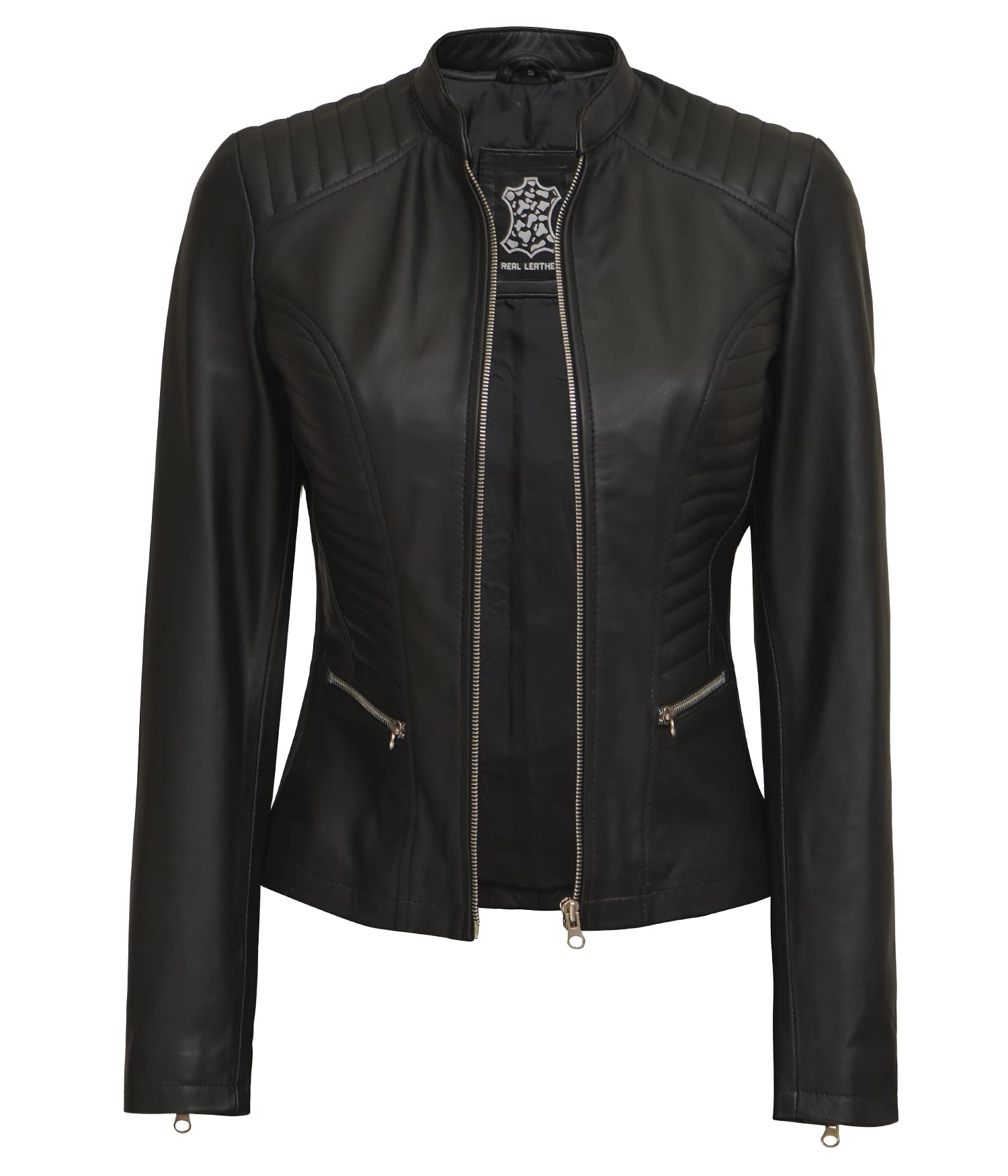 Genuine Leather Cafe Racer Jacket for Women - Natural Grain Stand Collar Motorcycle Jacket | Stylish Biker Outerwear for Riding & Casual Wear