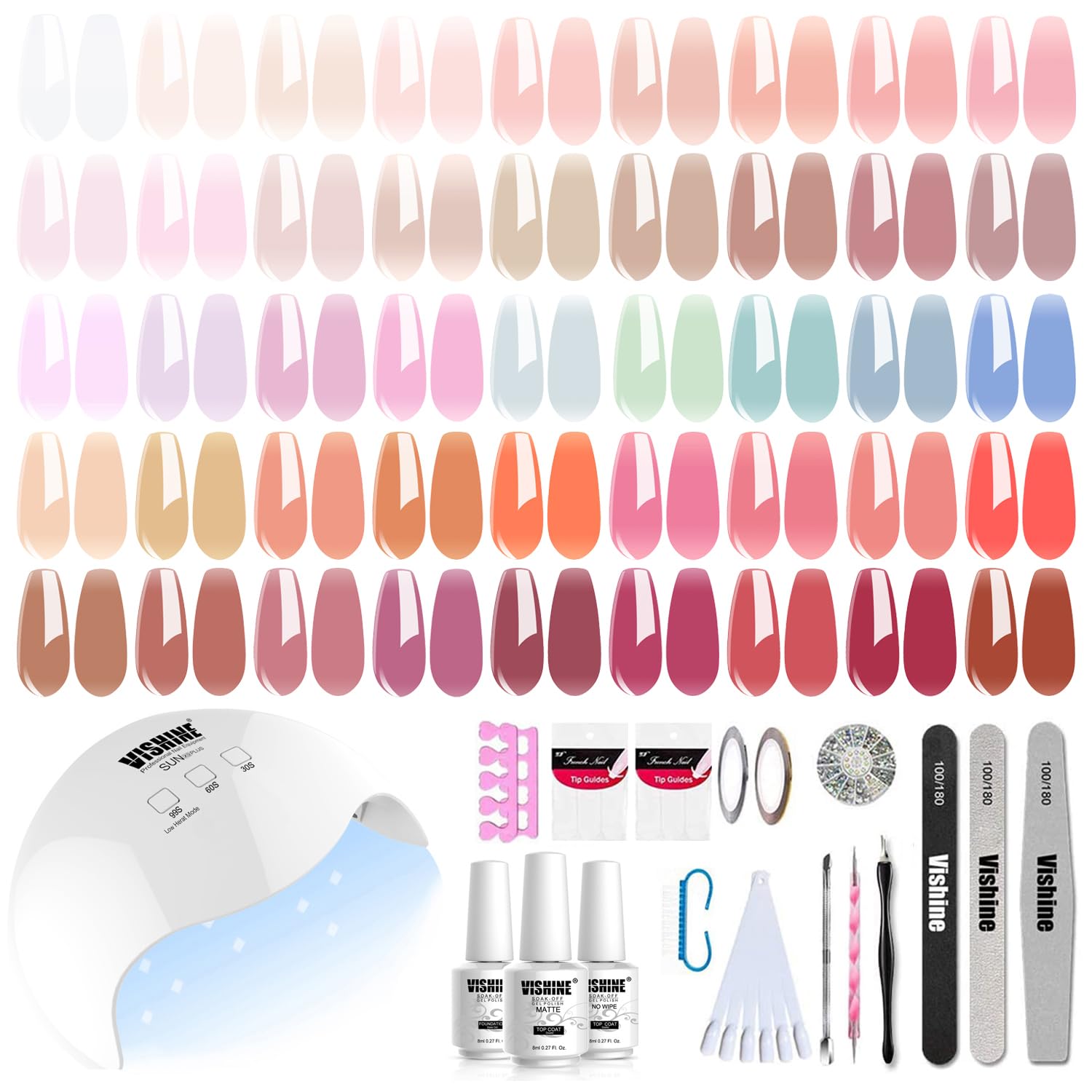 Vishine 45 Colors Gel Nail Polish Starter Kit with UV LED Nail Lamp - Sheer Milky Pink Jelly Nude Transparent Gel Polish, Base Coat, Top Coat & Matte Top Coat - Complete Nail Art Manicure Tools Set for Home Salon & Professional Use