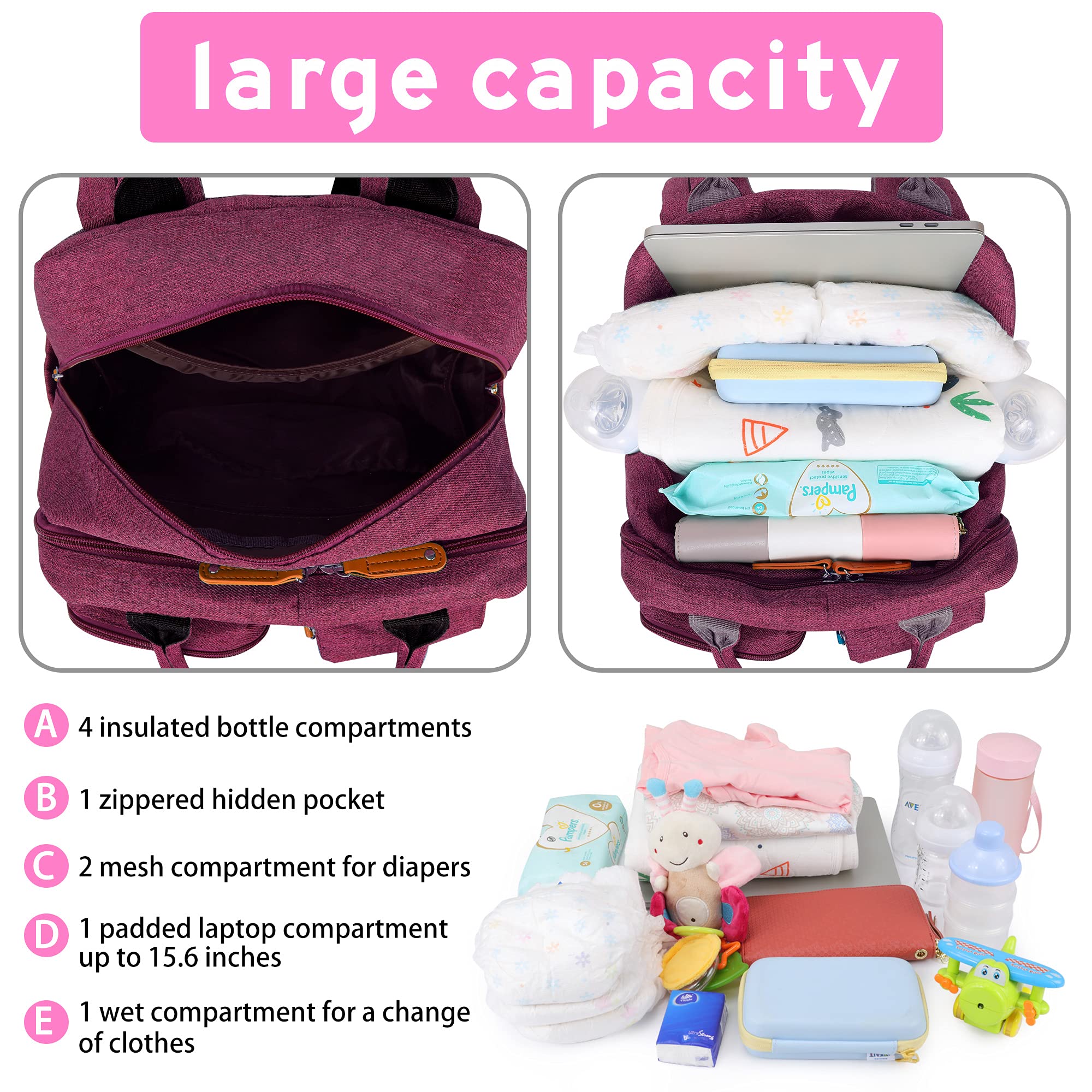 Large Waterproof Diaper Backpack with Built-in Changing Pad & Stroller Straps - Multi-Pocket Baby Bag for Travel & Daily Use (Wine Red) | Perfect for Moms, Dads & Caregivers on the Go