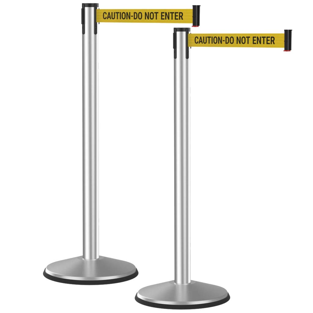 Prime Retractable Belt Barrier Stanchion (2-Pack) - 10ft Retractable Belt, Steel Post, No Tools Required - Satin Silver Post with Caution Do Not Enter Belt - Perfect for Crowd Control in Retail Stores, Events, and Public Spaces