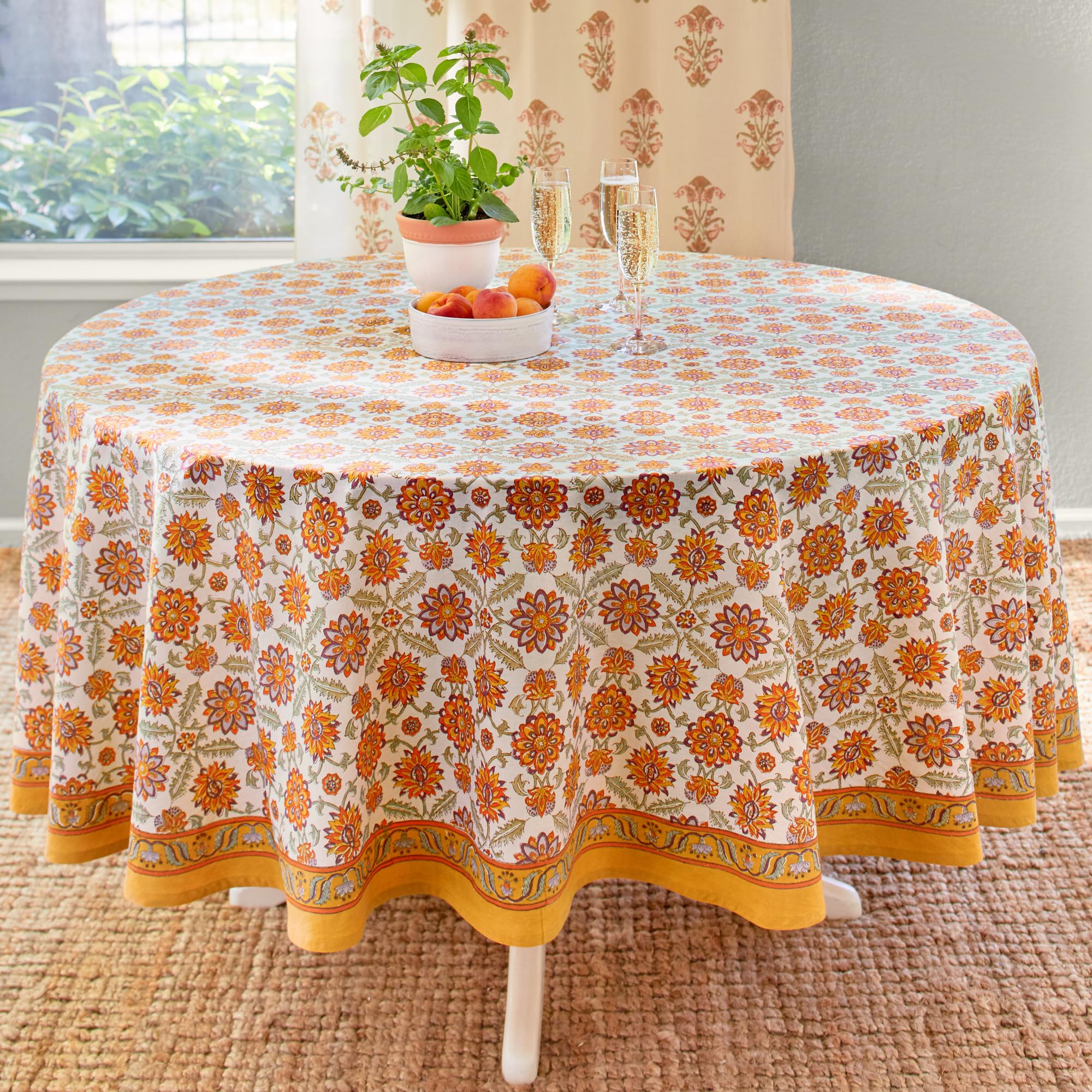 Luxury 100% Cotton Round Hand Block Printed Tablecloth - Orange Blossom Design, Washable & Durable for Home Decor, Perfect for Kitchen, Coffee or Dining Table (70 Inch) - Ideal for Dinner Parties, Family Gatherings & Everyday Use