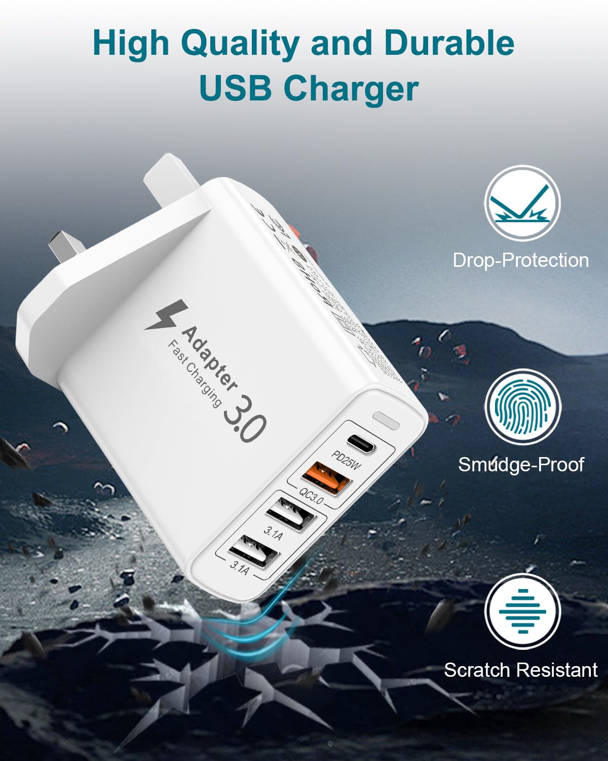 40W 4-Port USB C Fast Charger with PD&QC3.0 - UK Wall Plug Adapter for iPhone 15/14/13/12/11 Pro Max, iPad, Samsung Galaxy - Perfect for Home, Office & Travel Charging Needs