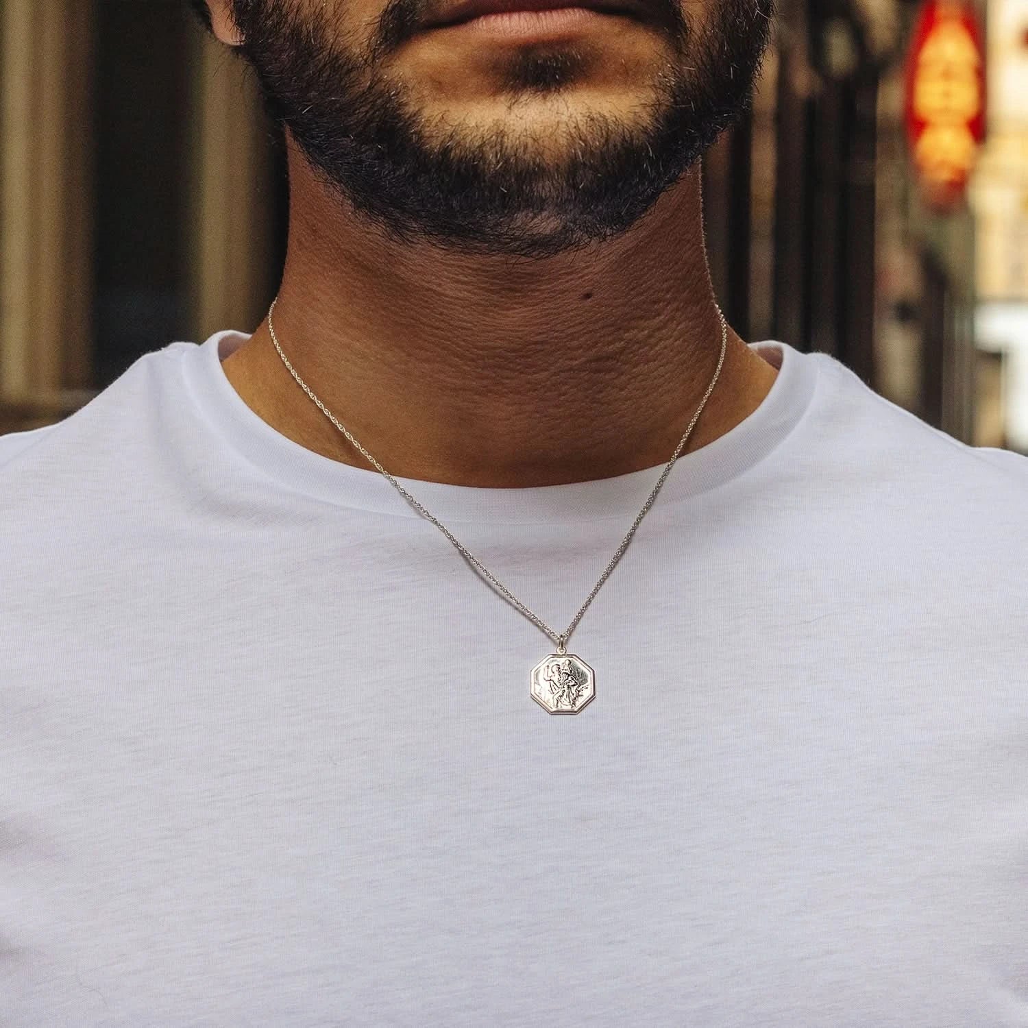 St. Christopher Necklace for Men - 14K White Gold Religious Pendant with Custom Engraving - Perfect for Gifts, Baptism, and Daily Wear