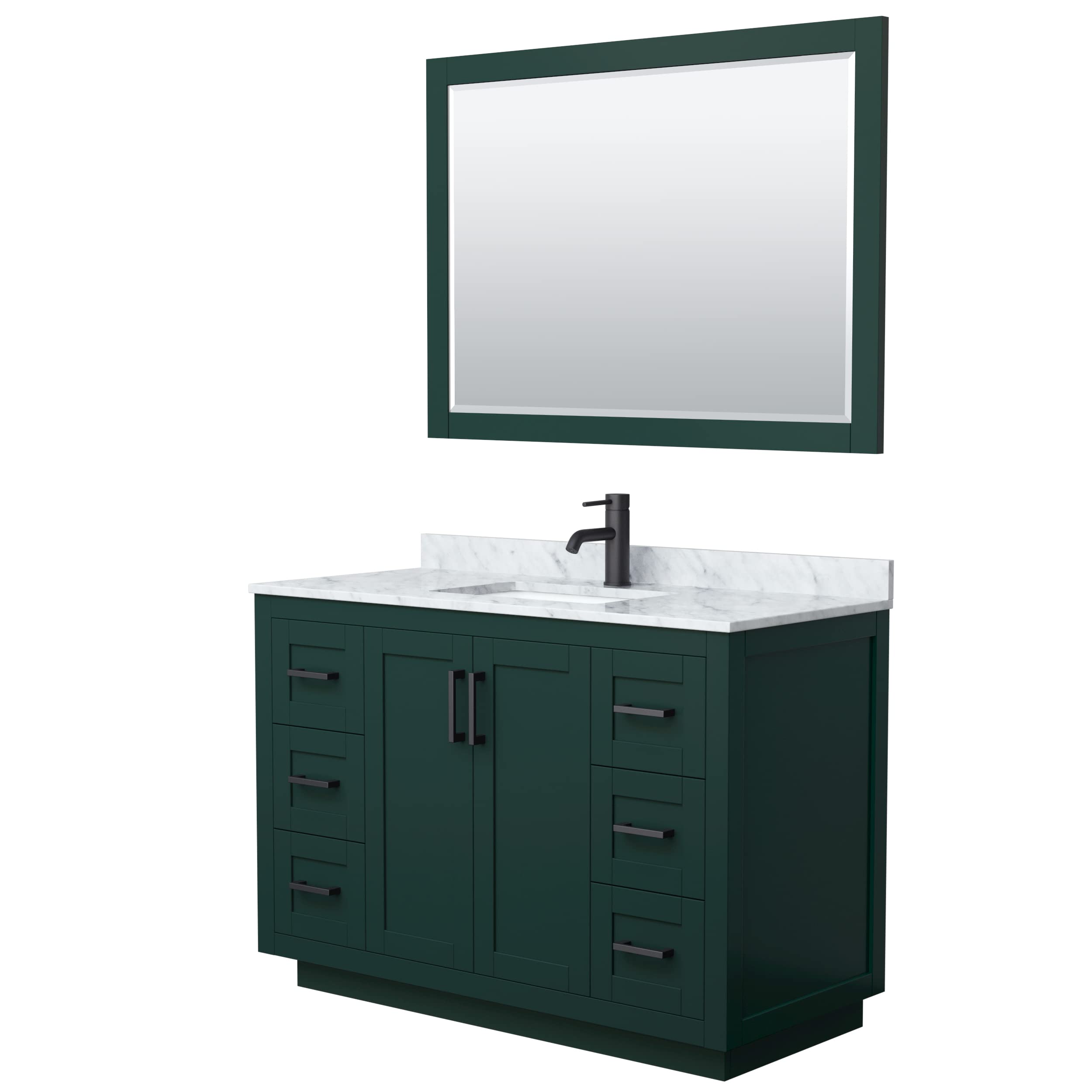 Wyndham Collection Miranda 48 Inch Single Bathroom Vanity with White Carrara Marble Countertop & Undermount Sink - Green Finish, Matte Black Trim, Includes 46 Inch Mirror - Perfect for Modern Bathroom Renovation & Home Upgrade