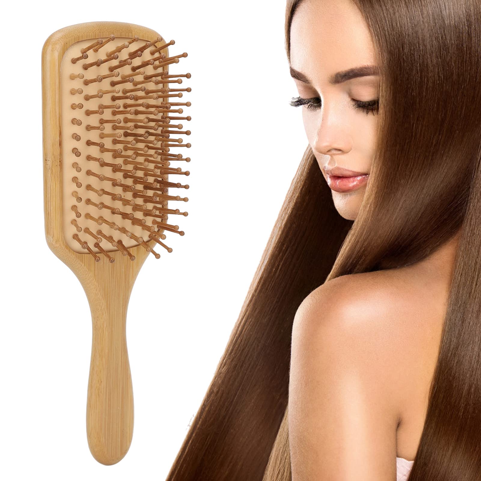 Bamboo Hair Brush with Elastic Silicone Bristles - Ergonomic Handle & Rounded Teeth - Portable Paddle Brush for Women - Perfect for Detangling, Styling & Smoothing Hair at Home or Travel