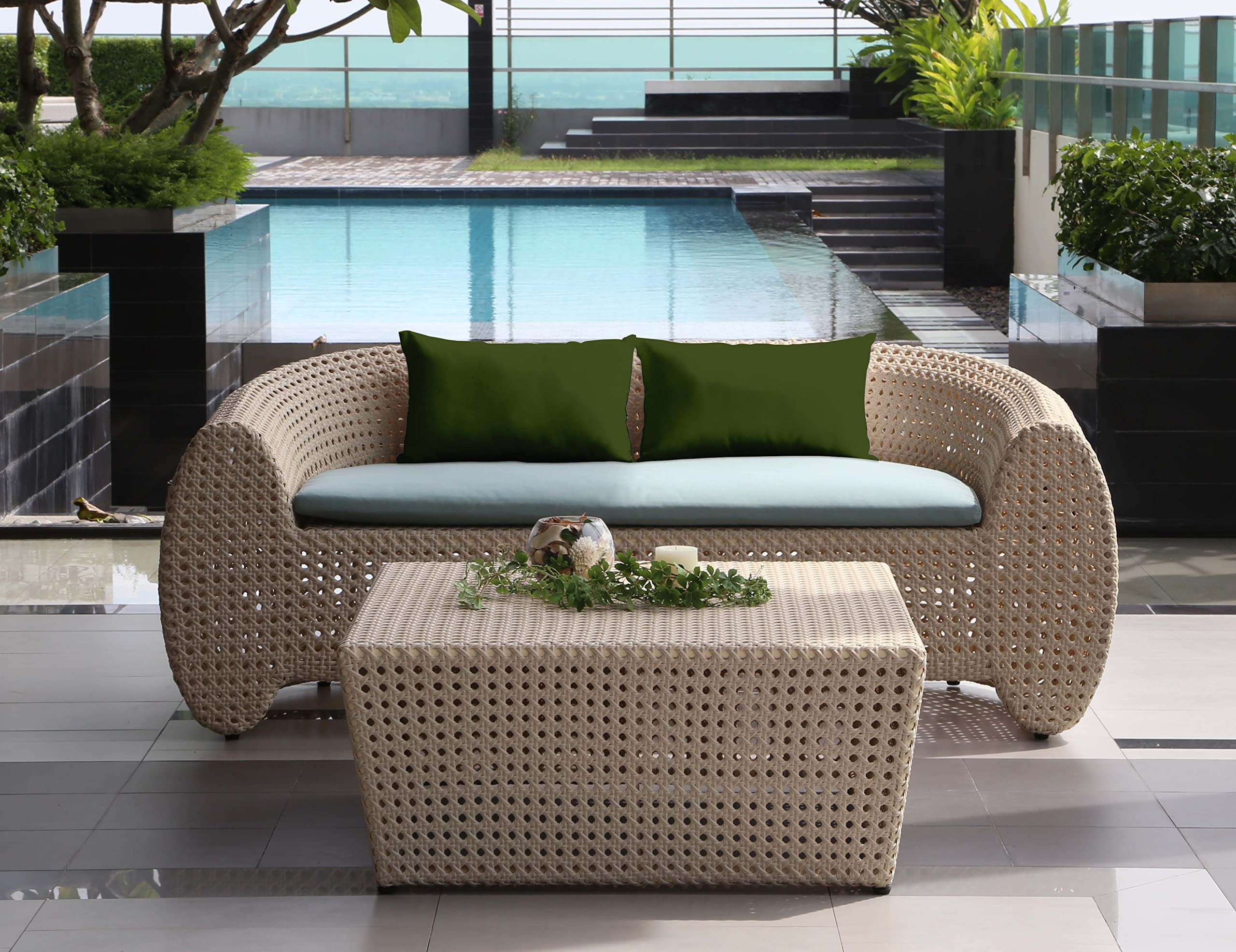 Waterproof All-Weather Polyester Lumbar Pillow with Insert - Indoor/Outdoor Decorative Throw Pillow for Patio Furniture (Set of 2, Dark Green) - Perfect for Sofa, Garden, Deck & Poolside Relaxation