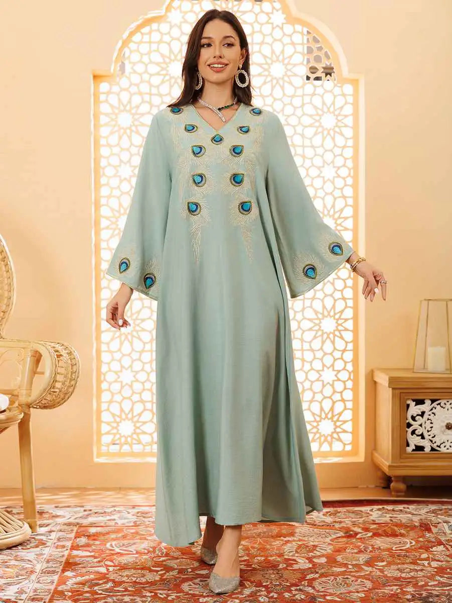Elegant Eid Embroidery Caftan Dress for Women - Luxury Moroccan Kaftan & Jalabiya for Wedding, Party & Special Occasions - Perfect for Eid Celebrations, Bridal Showers & Evening Events