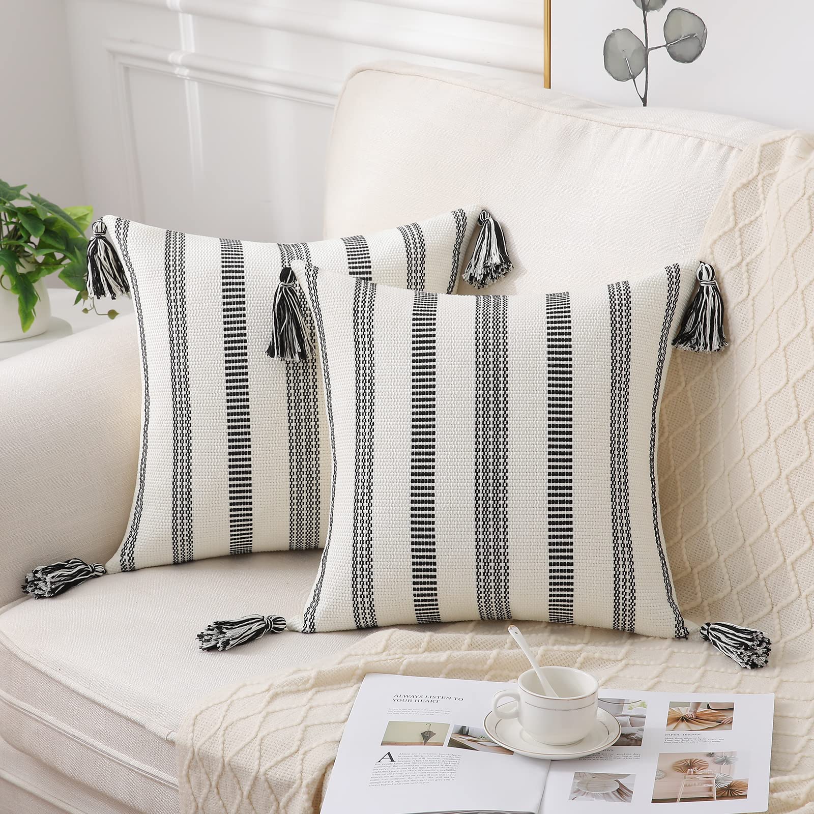 Boho Spring Throw Pillow Covers Set of 2 - 20x20 Inch Decorative Woven Striped Cushion Covers with Tassels for Couch, Bed & Sofa - Black & Cream White - Perfect for Living Room, Patio & Boho Home Decor