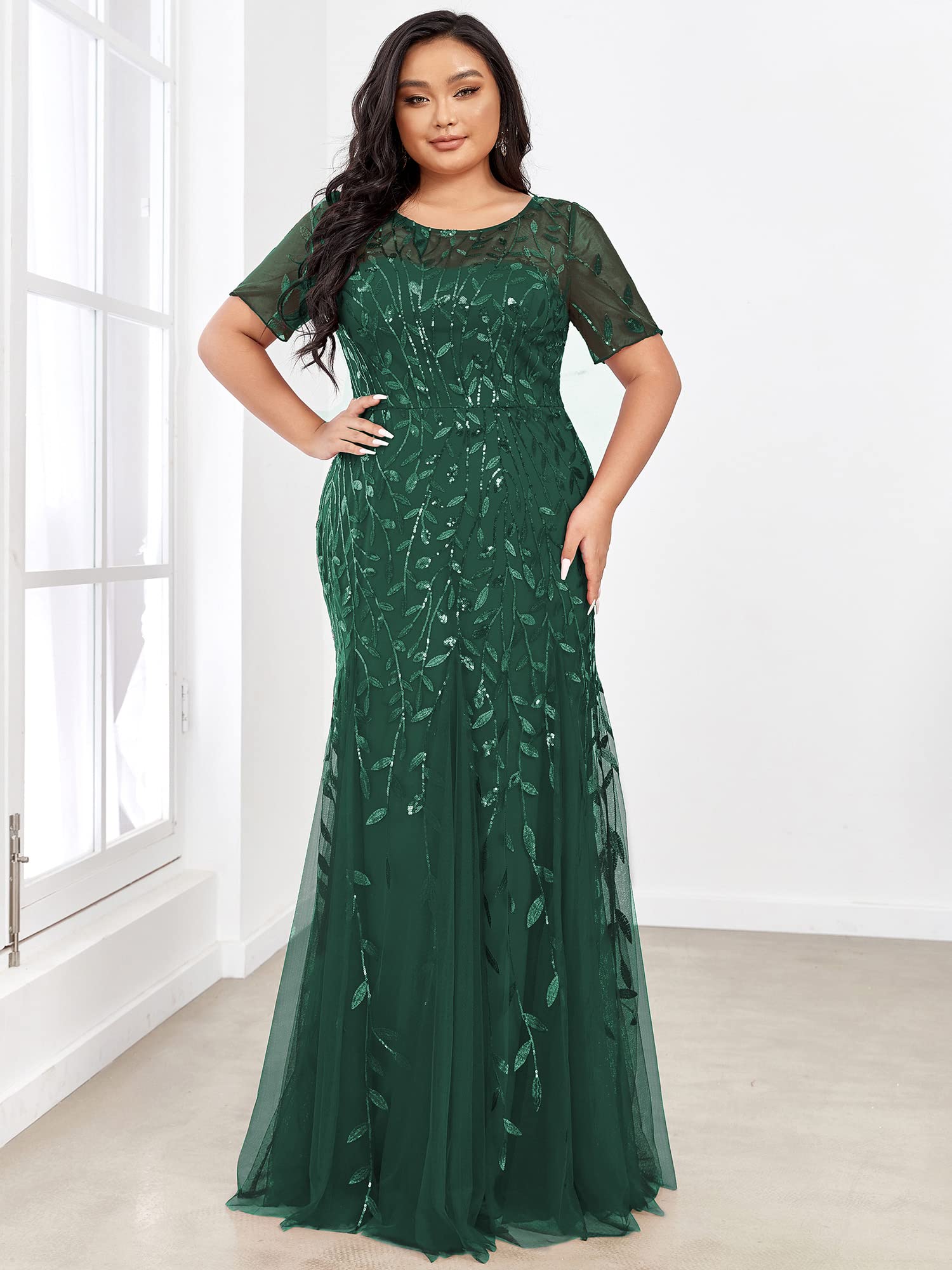 Ever-Pretty Women's Plus Size Embroidery Sequin Short Sleeve Bodycon Maxi Formal Dress 07707-PZUSA - Perfect for Evening Parties, Prom, Cocktail Events & Special Occasions